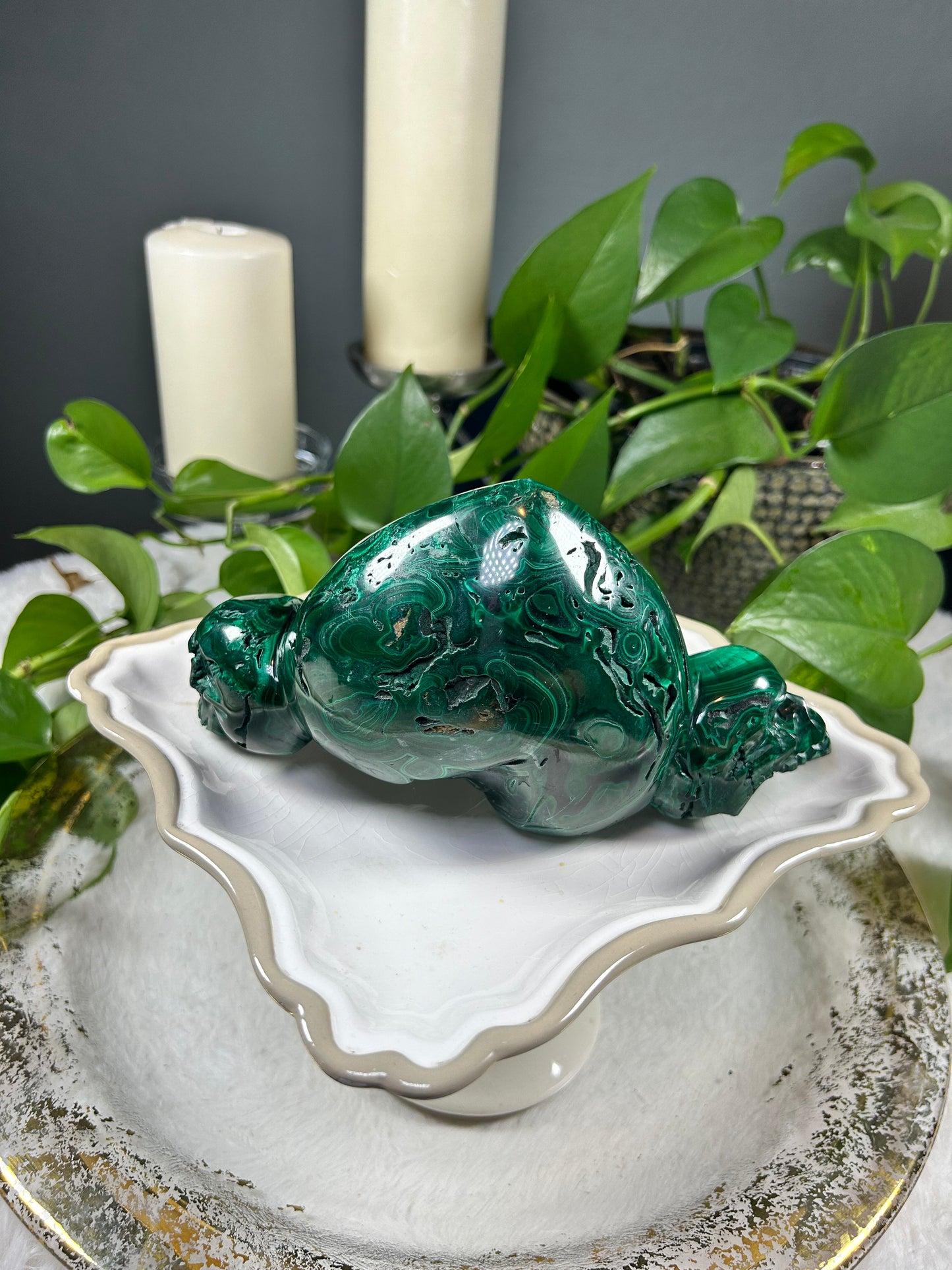 Large one of a kind standing 100% natural Malachite heart and skull hand carved crystal carving - 3.735 pounds (8in x 4.5in)