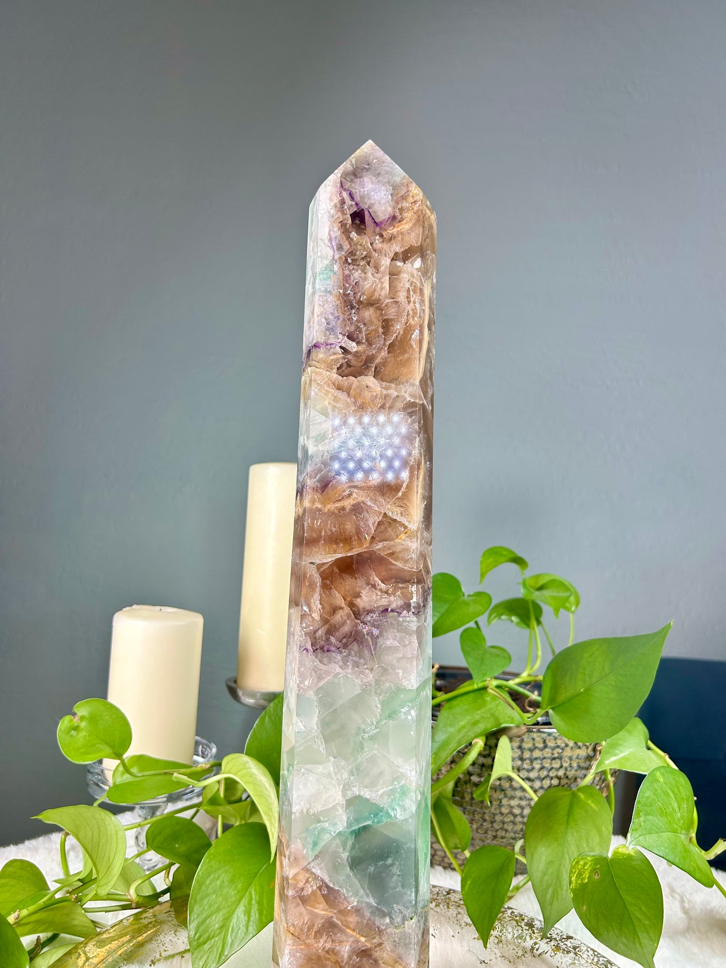 XX-large GIANT/TALL banded rainbow (green gold purple blue) fluorite crystal tower - 16 pounds (3.5in x 21.5in x 3in)