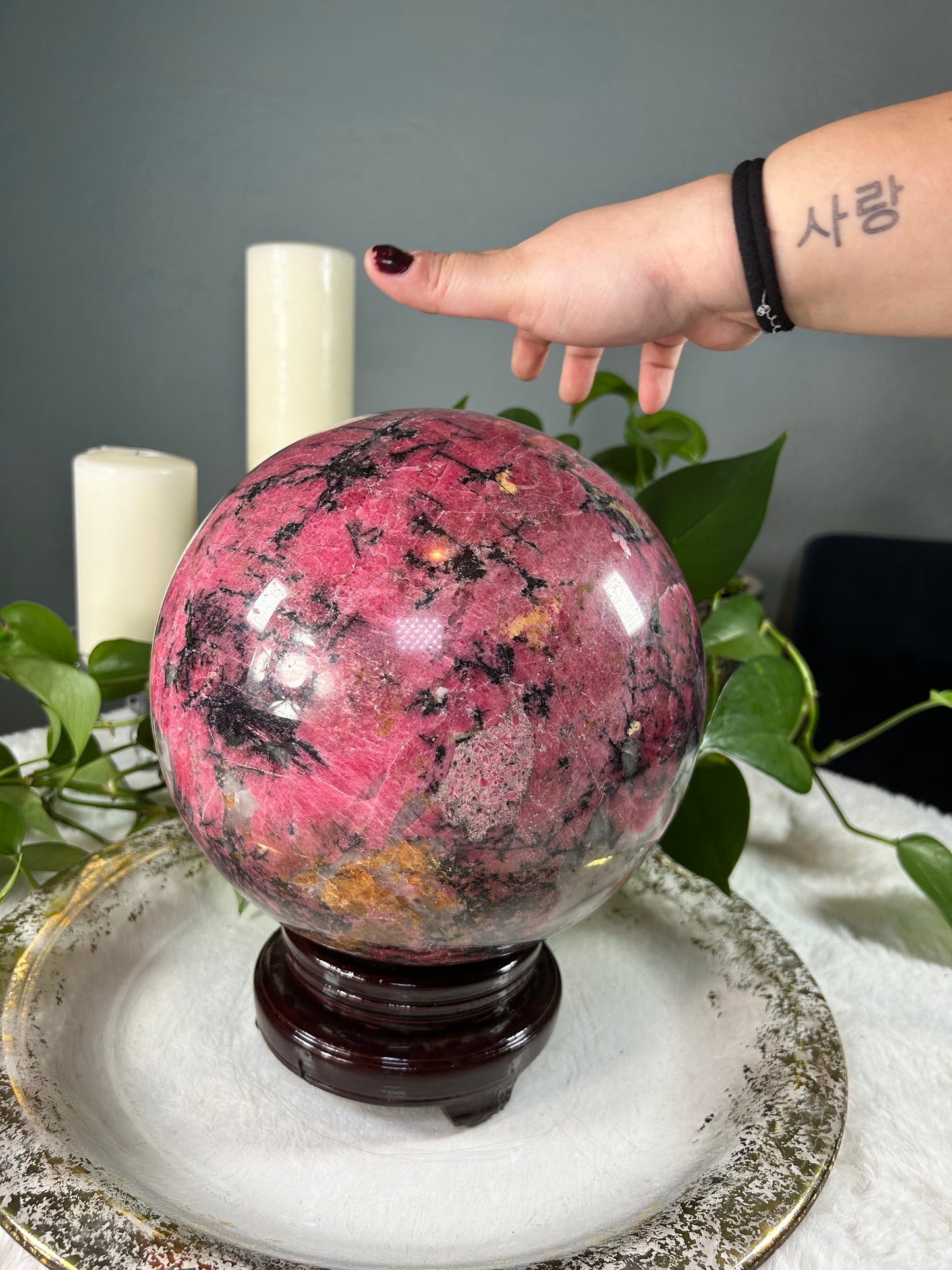 XX-large GIANT cherry rhodonite and quartz crystal sphere - 41.775 pounds (9 inches)