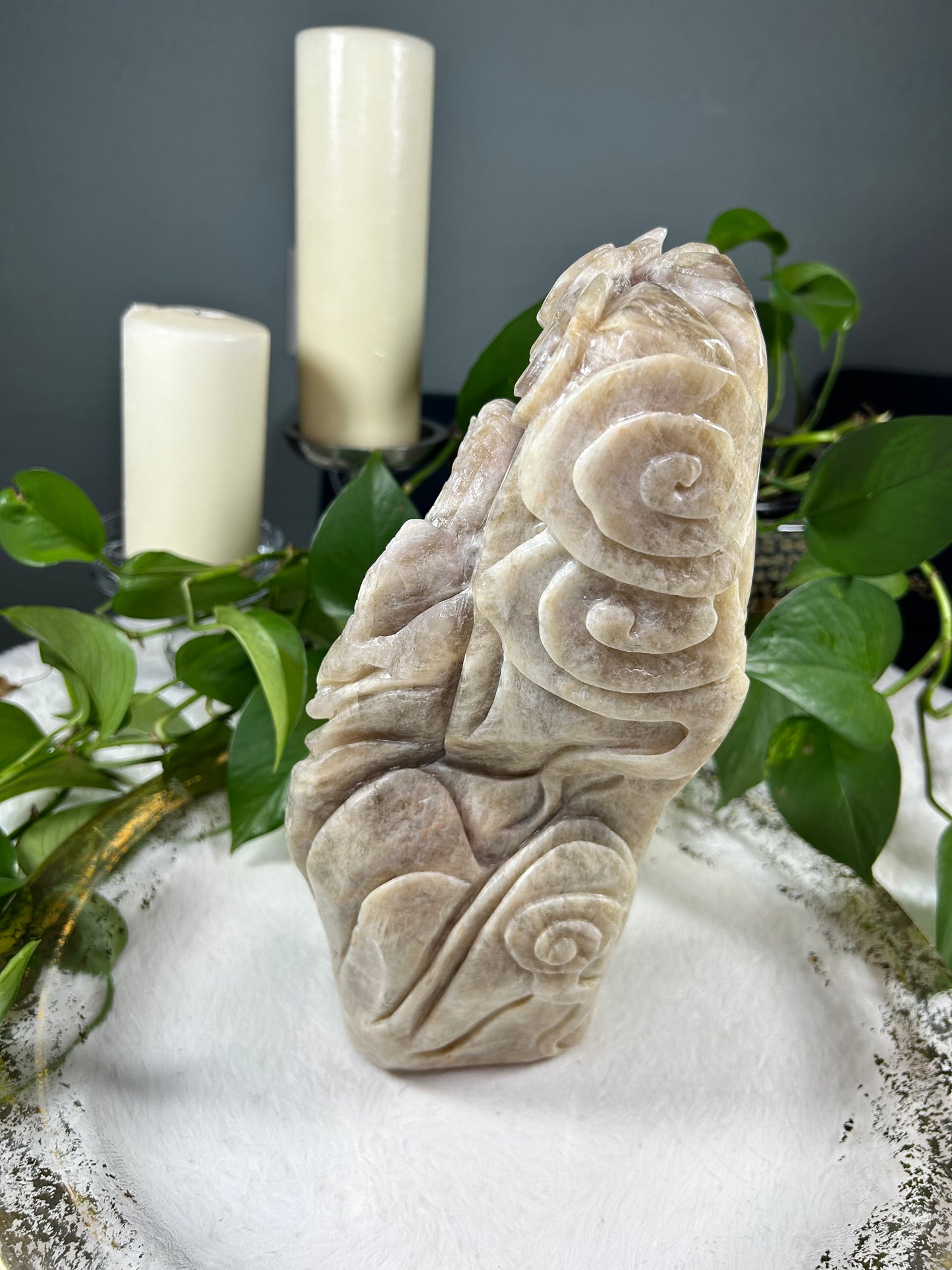 X-large white moonstone (with blue flash) hand carved eastern dragon statue crystal carving- 10.335pounds (12 inches tall)