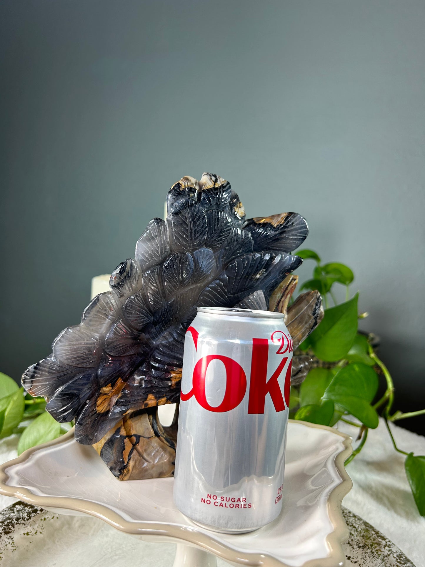 Large volcano agate (green uv reactive) hand carved peacock/bird in tree statue carving - 3.820 pounds (8.5in x 8.5in x 1.5in)