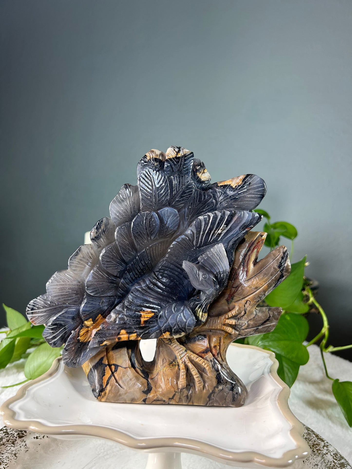 Large volcano agate (green uv reactive) hand carved peacock/bird in tree statue carving - 3.820 pounds (8.5in x 8.5in x 1.5in)