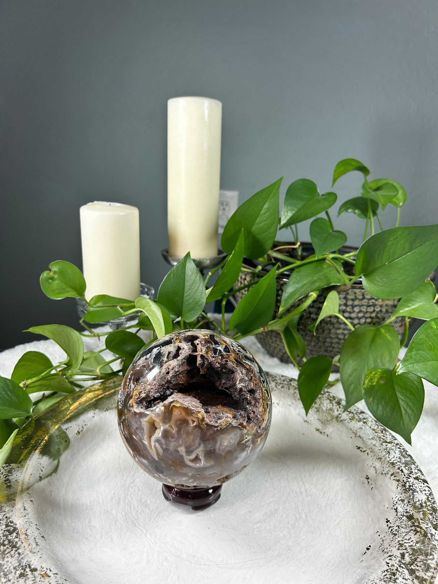 Large raw druzy mixed tourmaline crystal sphere and tower set - sphere is 5.795 pounds (5.5 inches) tower is 5.2 pounds (3.5in x 13in x 3in) - discount for set but can be sold separately