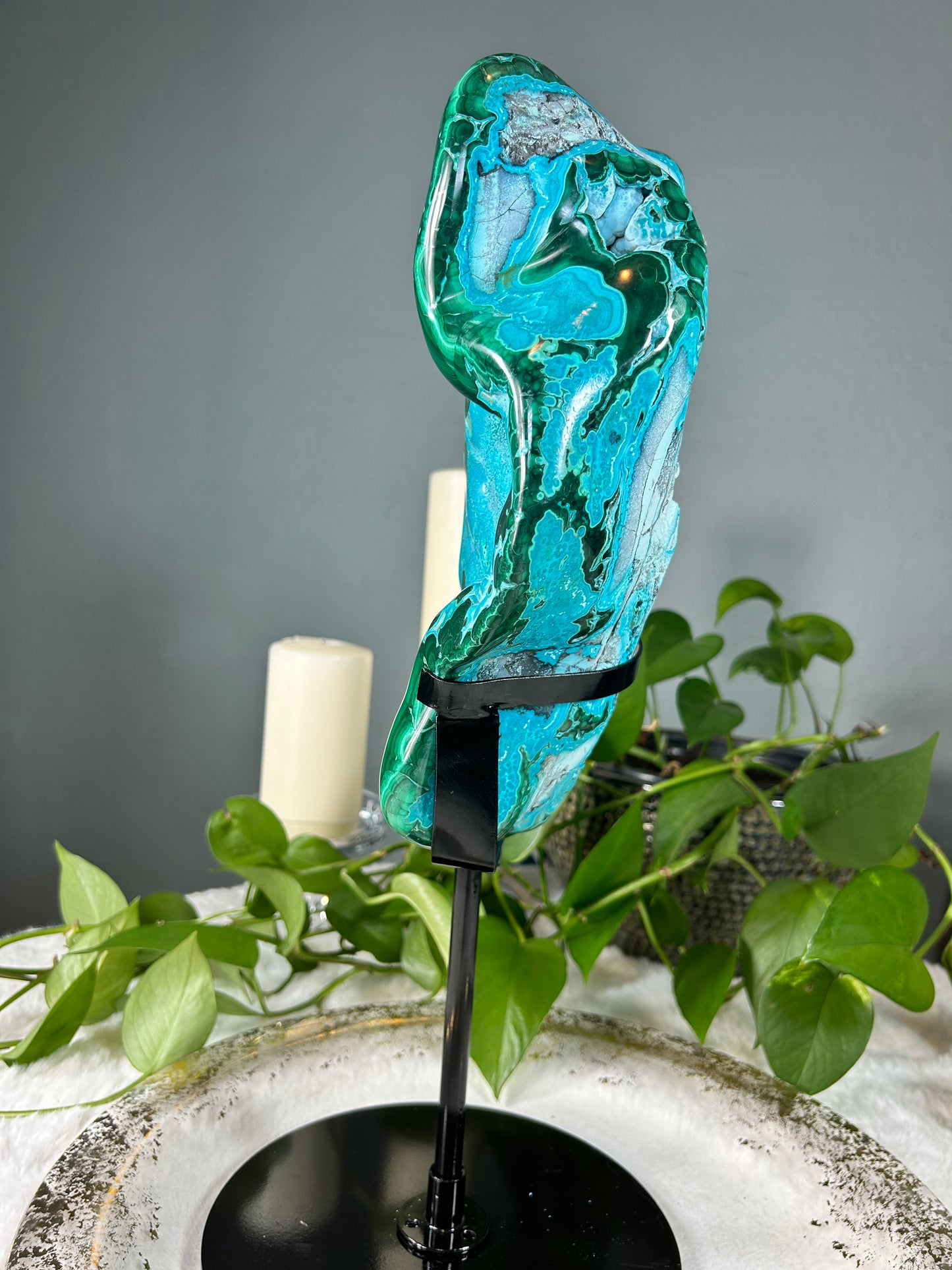XX-Large chrysocolla malachite half raw half polished crystal statement piece with custom stand - 21.49 pounds (8.5in x 12.5in x 3.5in)