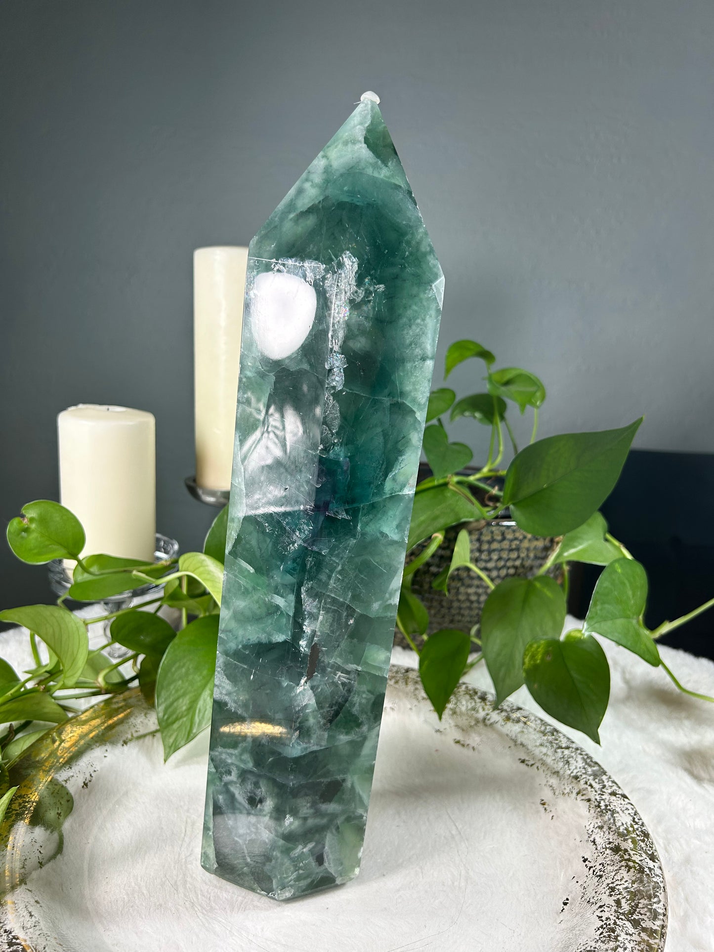 XX-Large THICK/WIDE ocean blue fluorite crystal tower with unique Sakura flower inclusions - 16.05 pounds (4in x 16in x 3.5in)