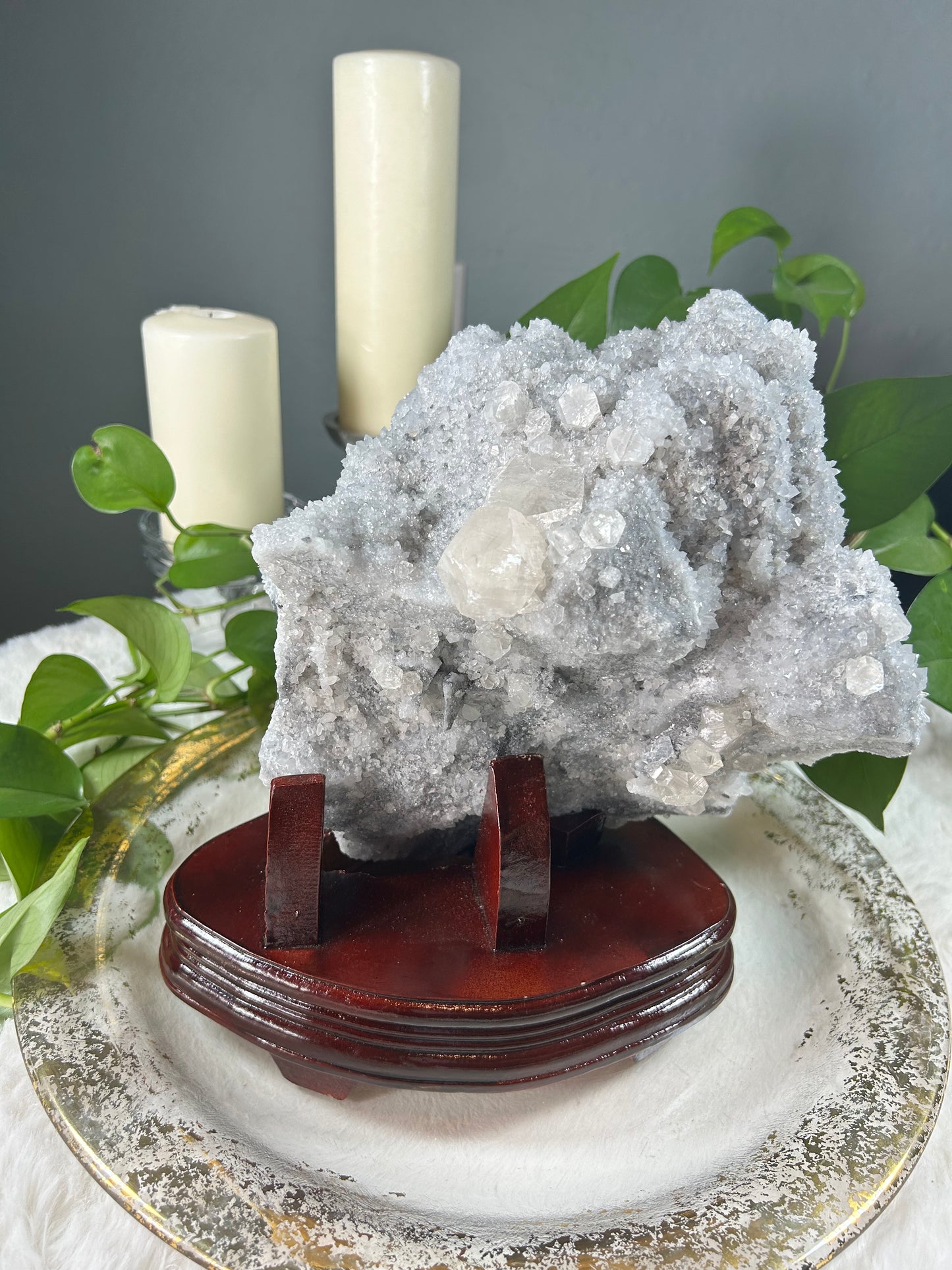 XX-Large sphalerite raw druzy piece with custom stand and gorgeous calcite inclusions - 16.2 pounds (9in x 11in x 8.5in)