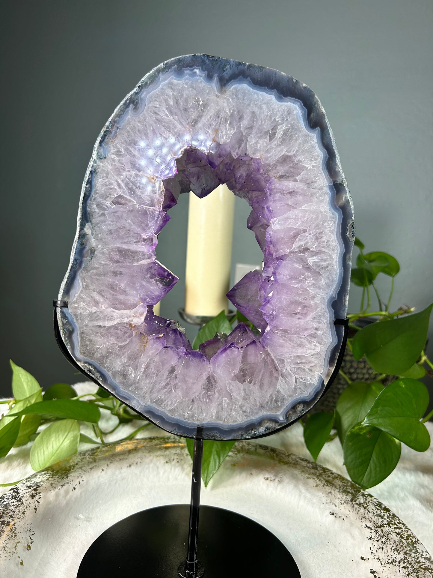 Large Brazilian light purple amethyst raw cluster slice / halo with custom stand- 10.26 pounds with stand (8in x 10.5in x 1.5in)