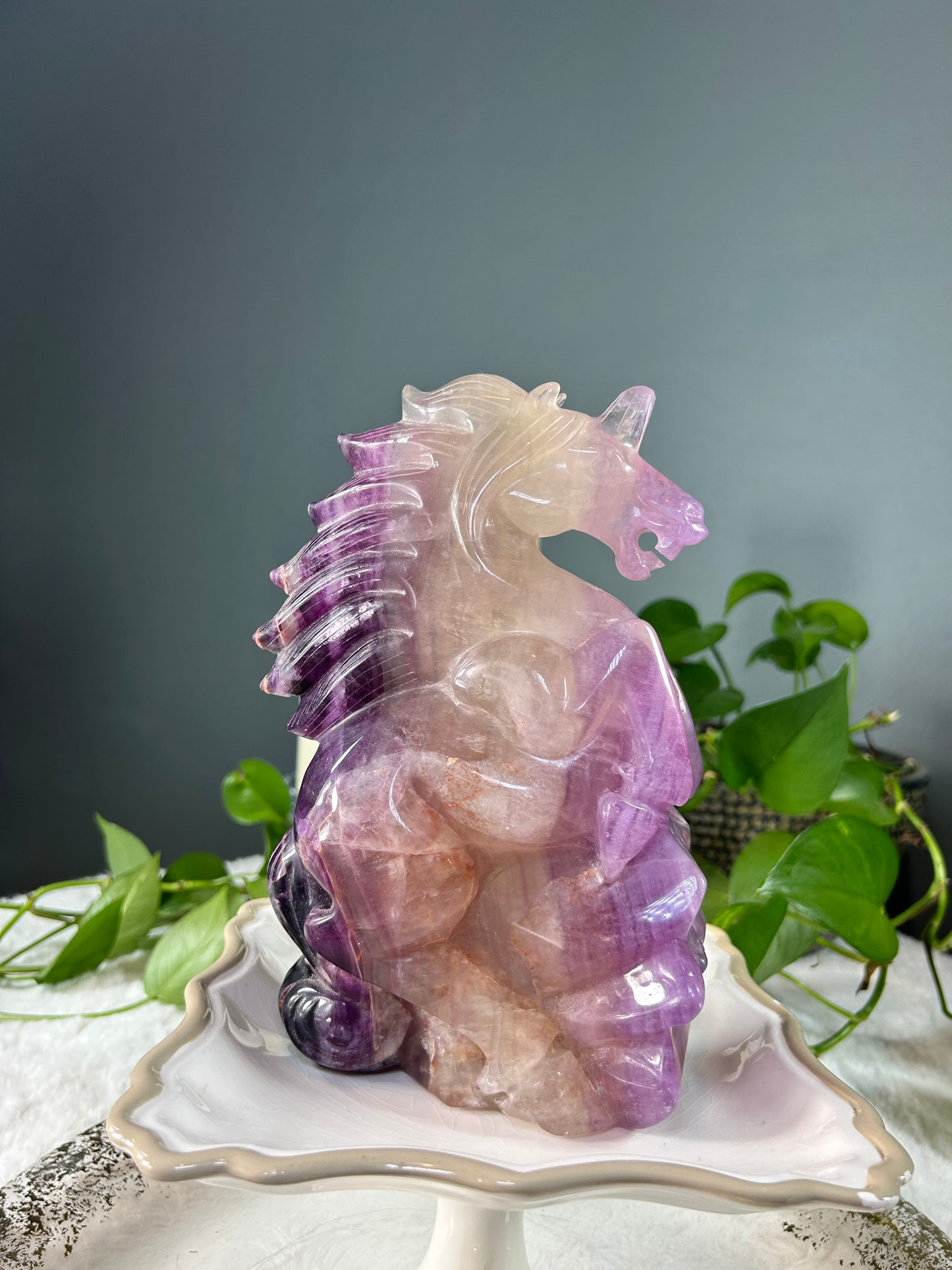 X-large hand carved purple banded fluorite full body unicorn statue crystal carving - 7.79lbs (6in x 9in x 3in)