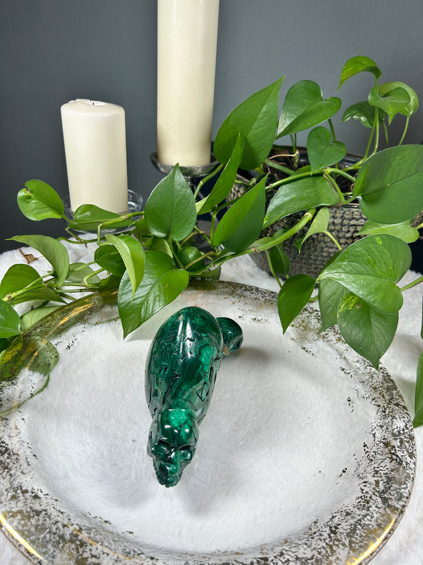 Large one of a kind standing 100% natural Malachite heart and skull hand carved crystal carving - 3.735 pounds (8in x 4.5in)