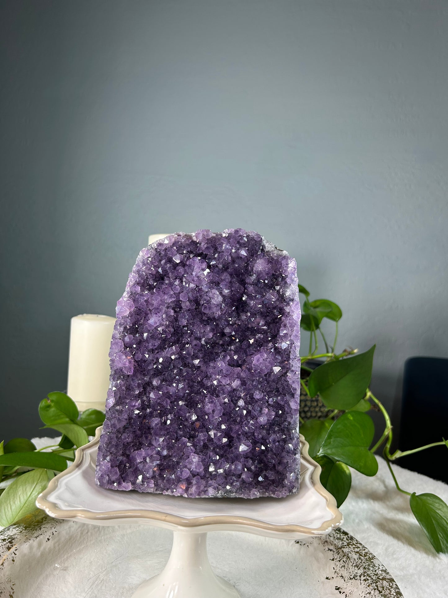 Large dark purple amethyst cluster standing free form - 9.785 pounds (6in x 8in x 4.5in)