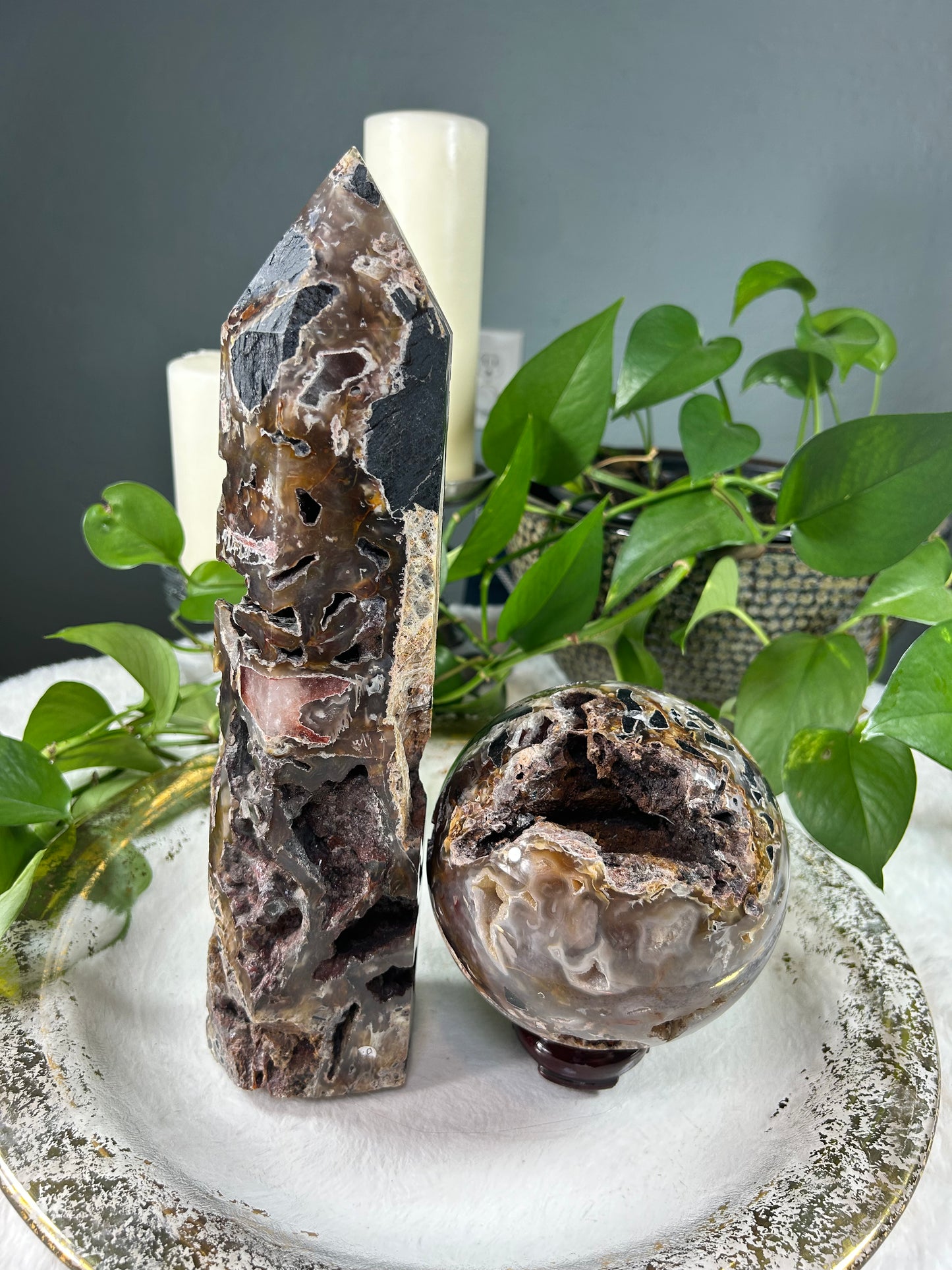 Large raw druzy mixed tourmaline crystal sphere and tower set - sphere is 5.795 pounds (5.5 inches) tower is 5.2 pounds (3.5in x 13in x 3in) - discount for set but can be sold separately