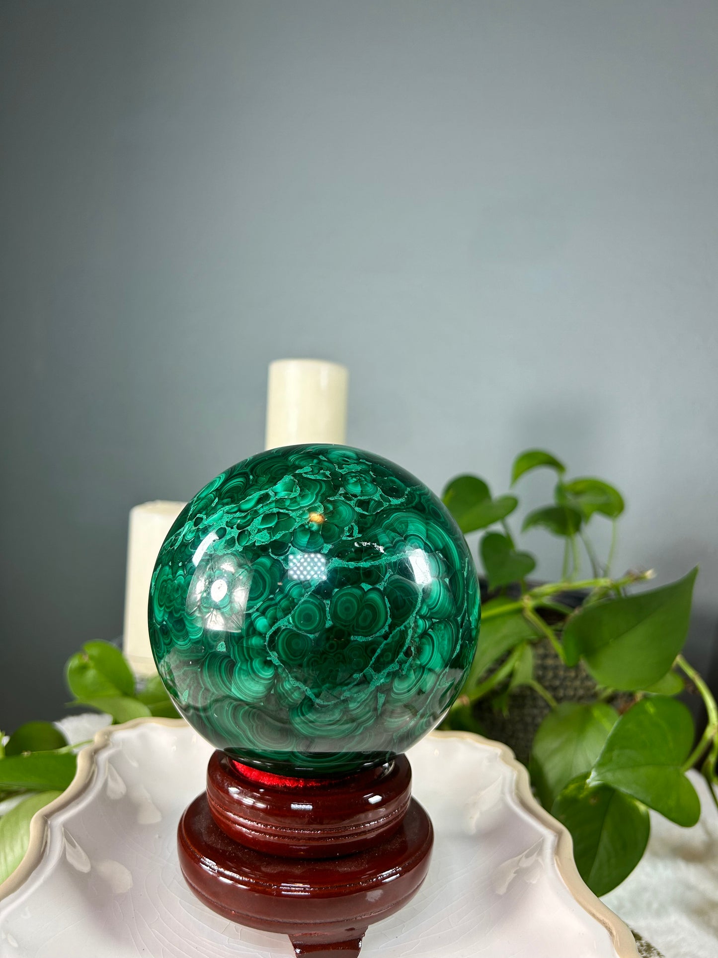 X-Large polished high quality 100% natural malachite sphere with gorgeous banding all around - 7 pounds (5.5 inches wide)