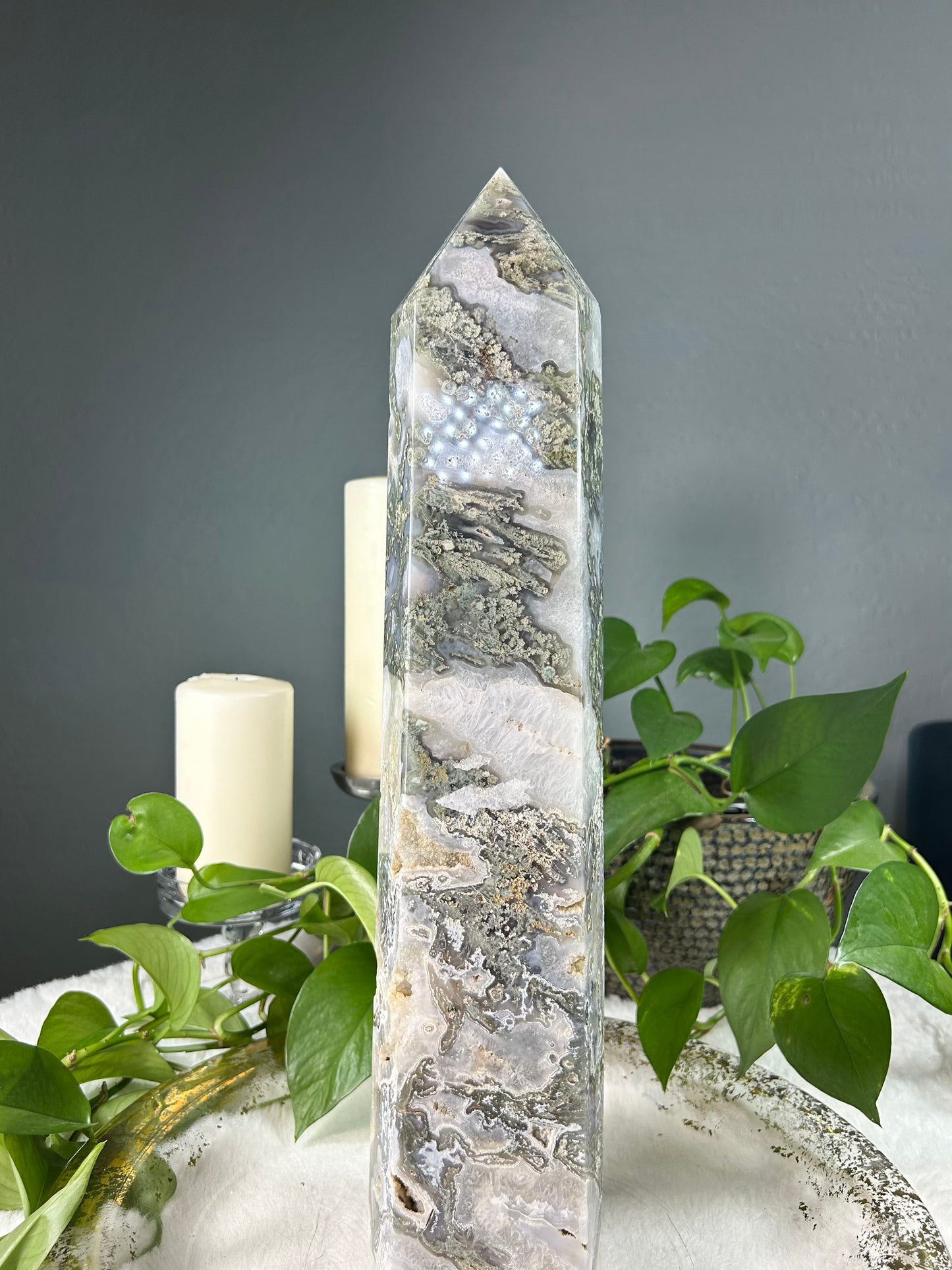 XX-large GIANT/TALL light blue and green moss agate crystal tower with raw druzy part- 15.66 pounds (4in x 18.5in x 4in)