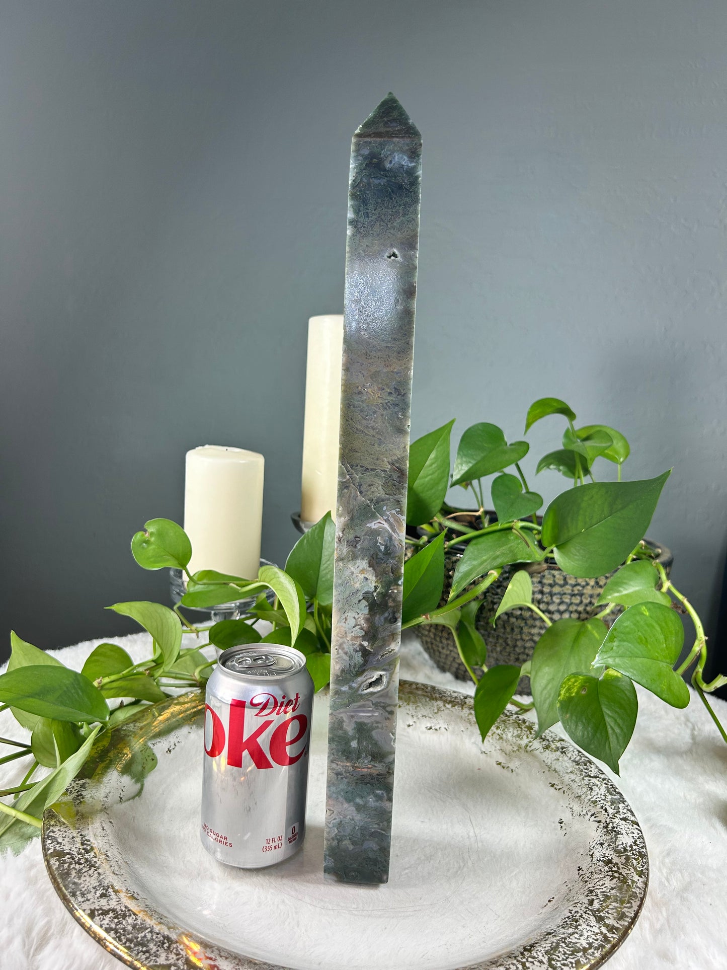 X-large TALL green moss agate crystal tower point - 5.025 pounds (2.5in x 18in x 1.5in)