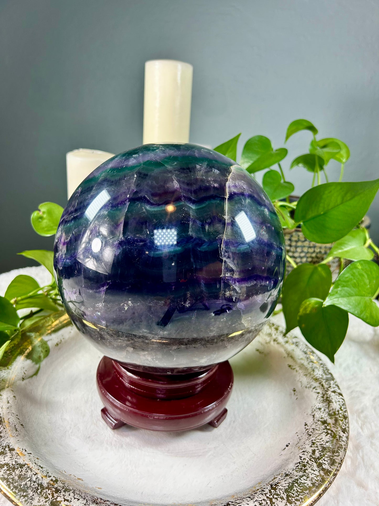 XX-large GIANT banded rainbow blue and purple fluorite sphere - 36.97 pounds (9 inches)