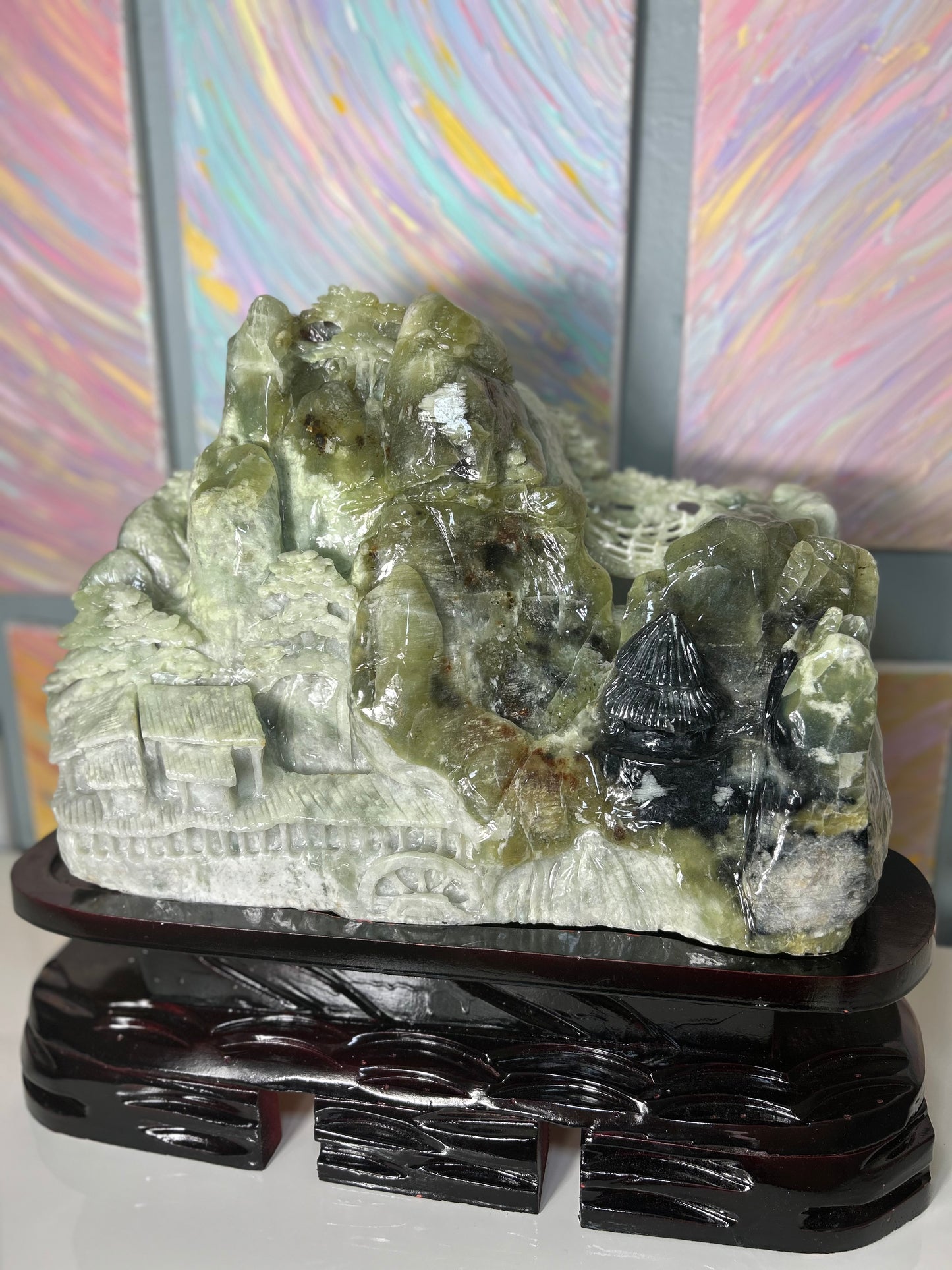 XX-Large GIANT 100% natural (no dye no paint) tri color green jade hand carved mountainside village crystal carving with bridge and custom stand - over 50 pounds natural green jade