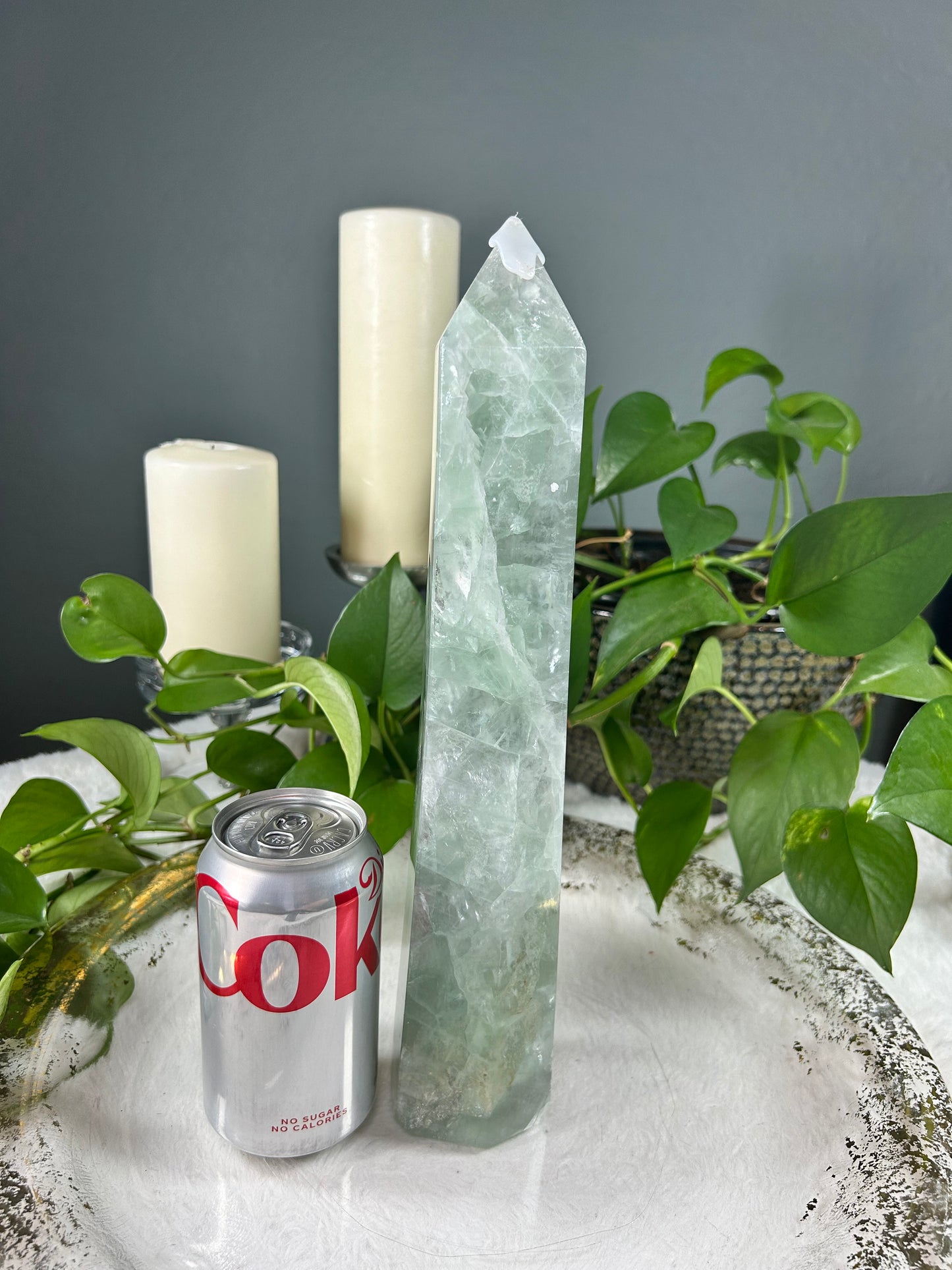 Large icy light mint green fluorite crystal tower point with rainbows- 4.945 pounds (3in x 13in x 2.5in) - protective wax tip comes off under hot water