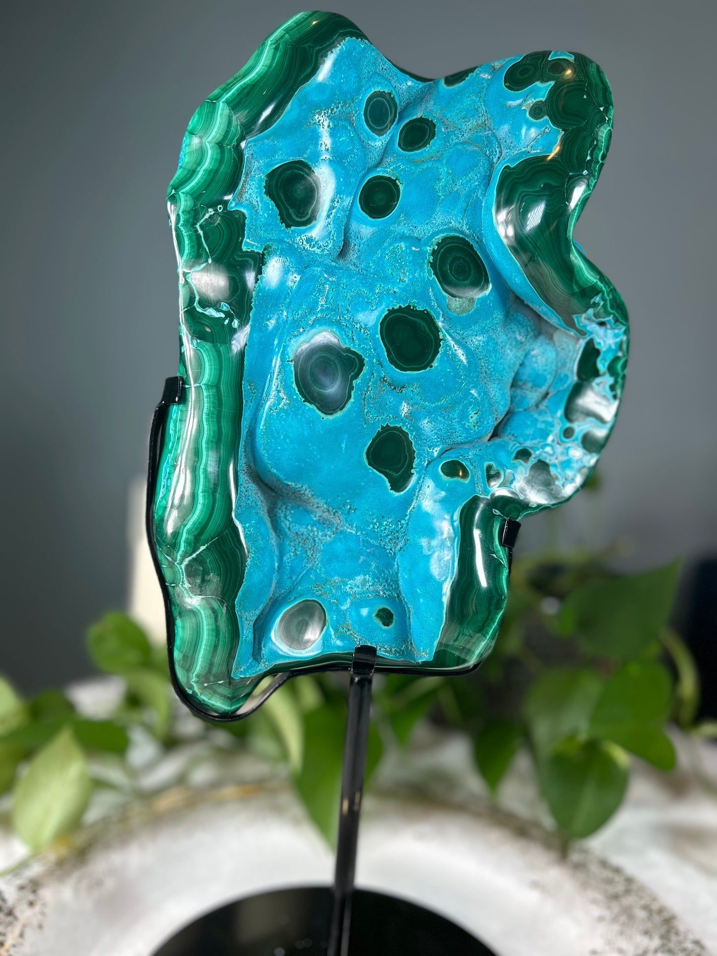 XX-Large chrysocolla malachite half raw half polished crystal statement piece with custom stand - 21.49 pounds (8.5in x 12.5in x 3.5in)