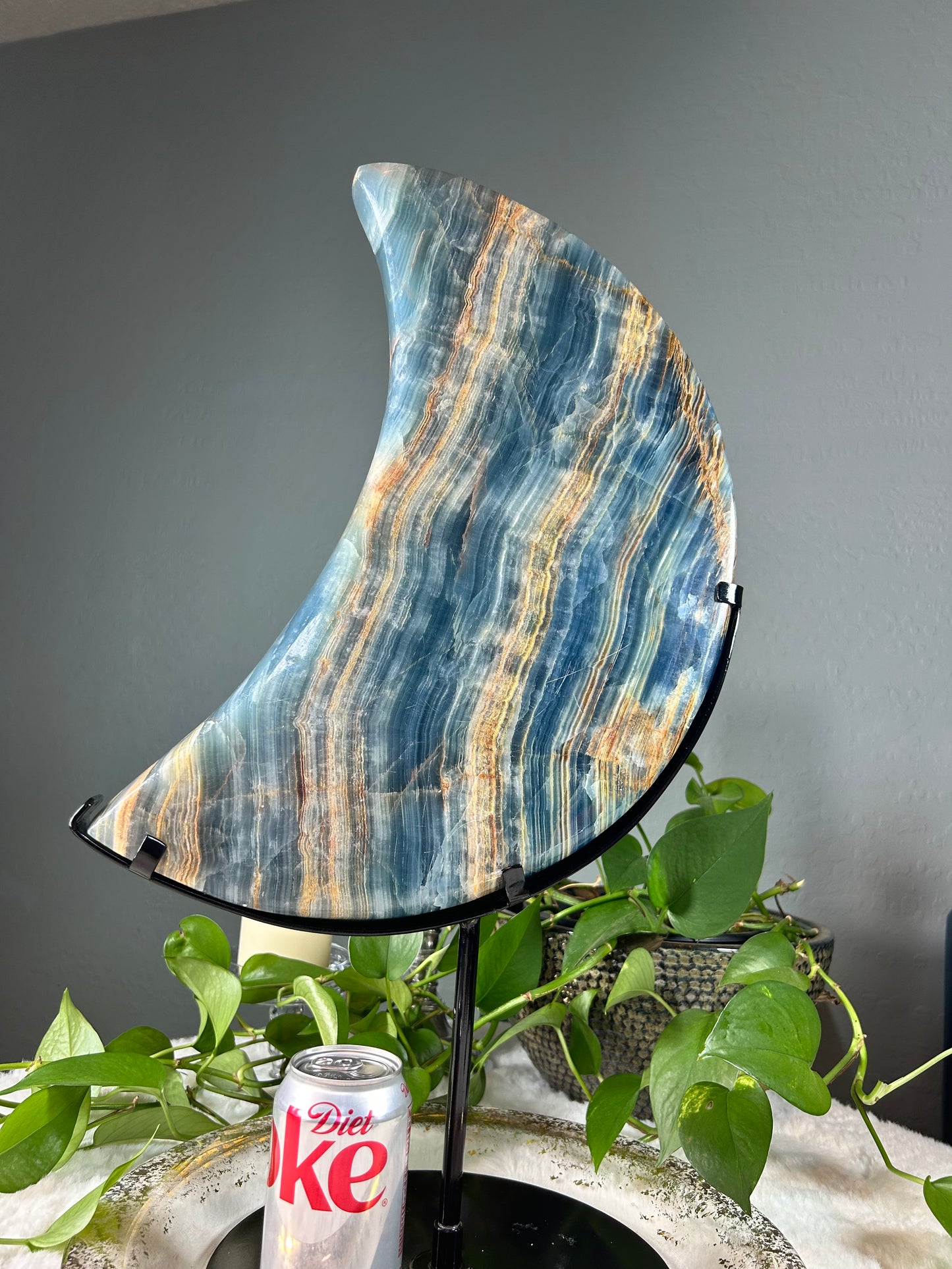 XX-large high quality banded blue onyx crystal moon with custom stand - 33.035 pounds (22.5in x 16in x 2in)