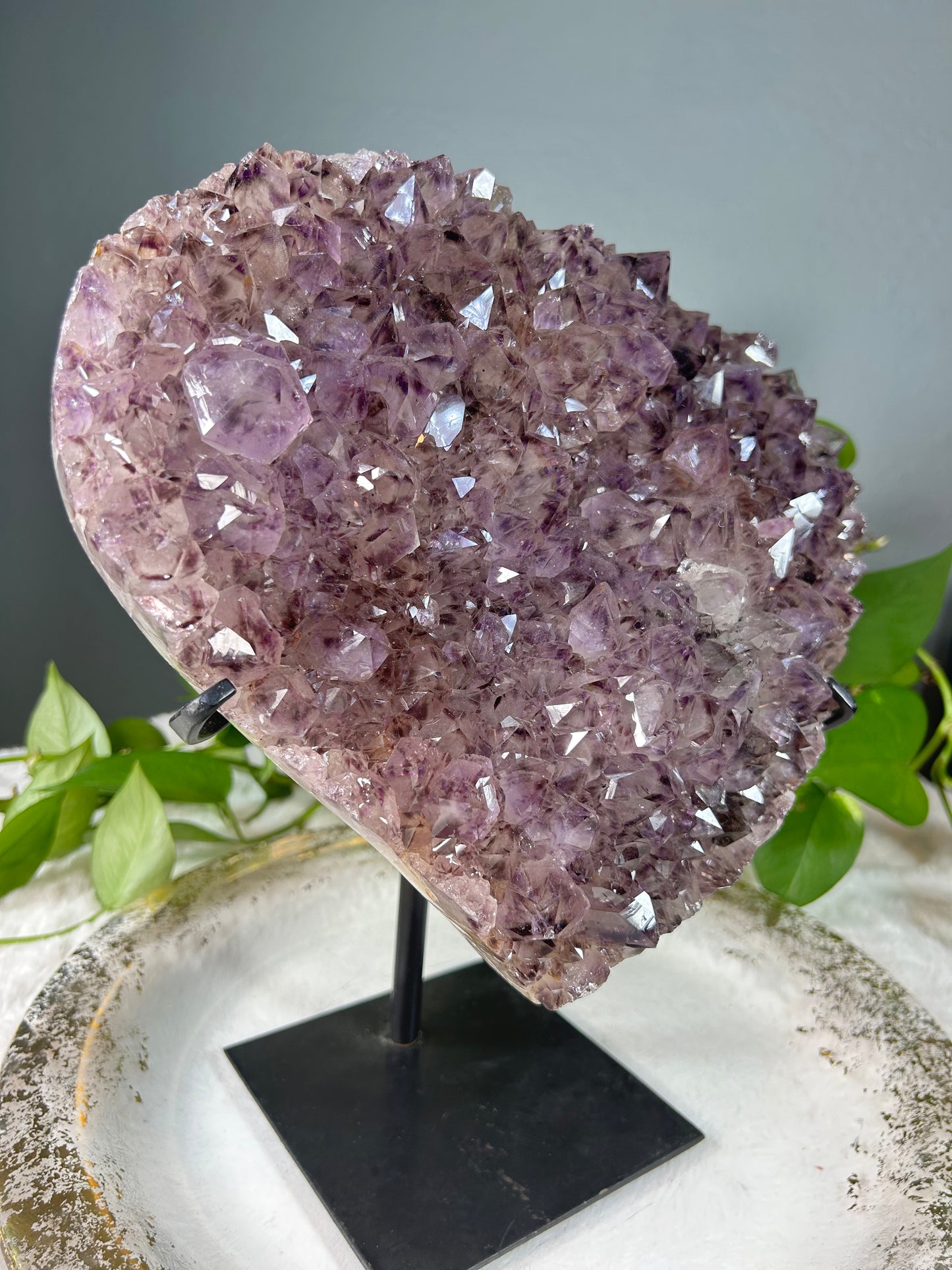 X-large raw druzy amethyst heart with Goethite inclusions and custom stand - 16.985 pounds with stand (11.5in x 10.5in x 2in)