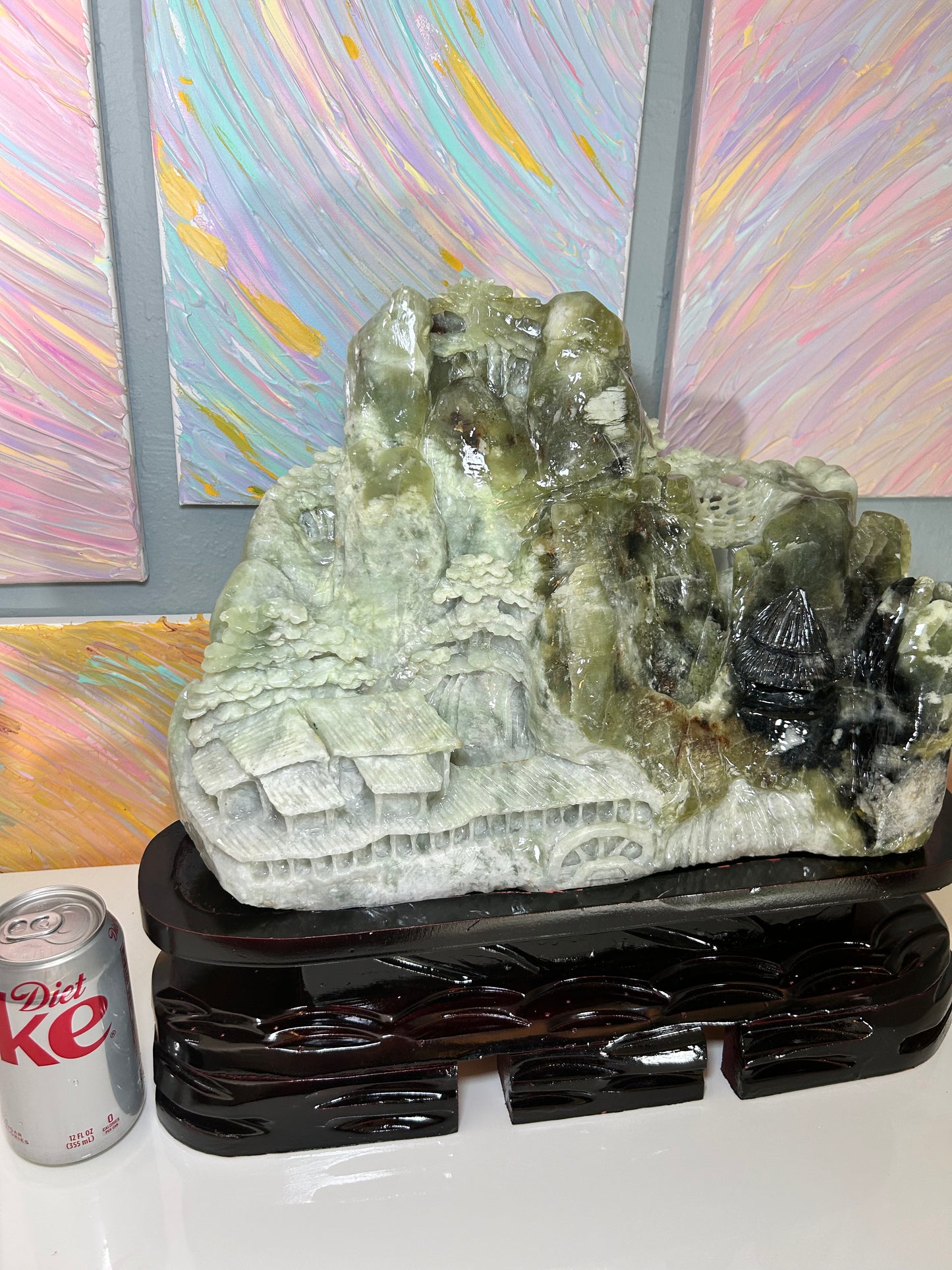 XX-Large GIANT 100% natural (no dye no paint) tri color green jade hand carved mountainside village crystal carving with bridge and custom stand - over 50 pounds natural green jade