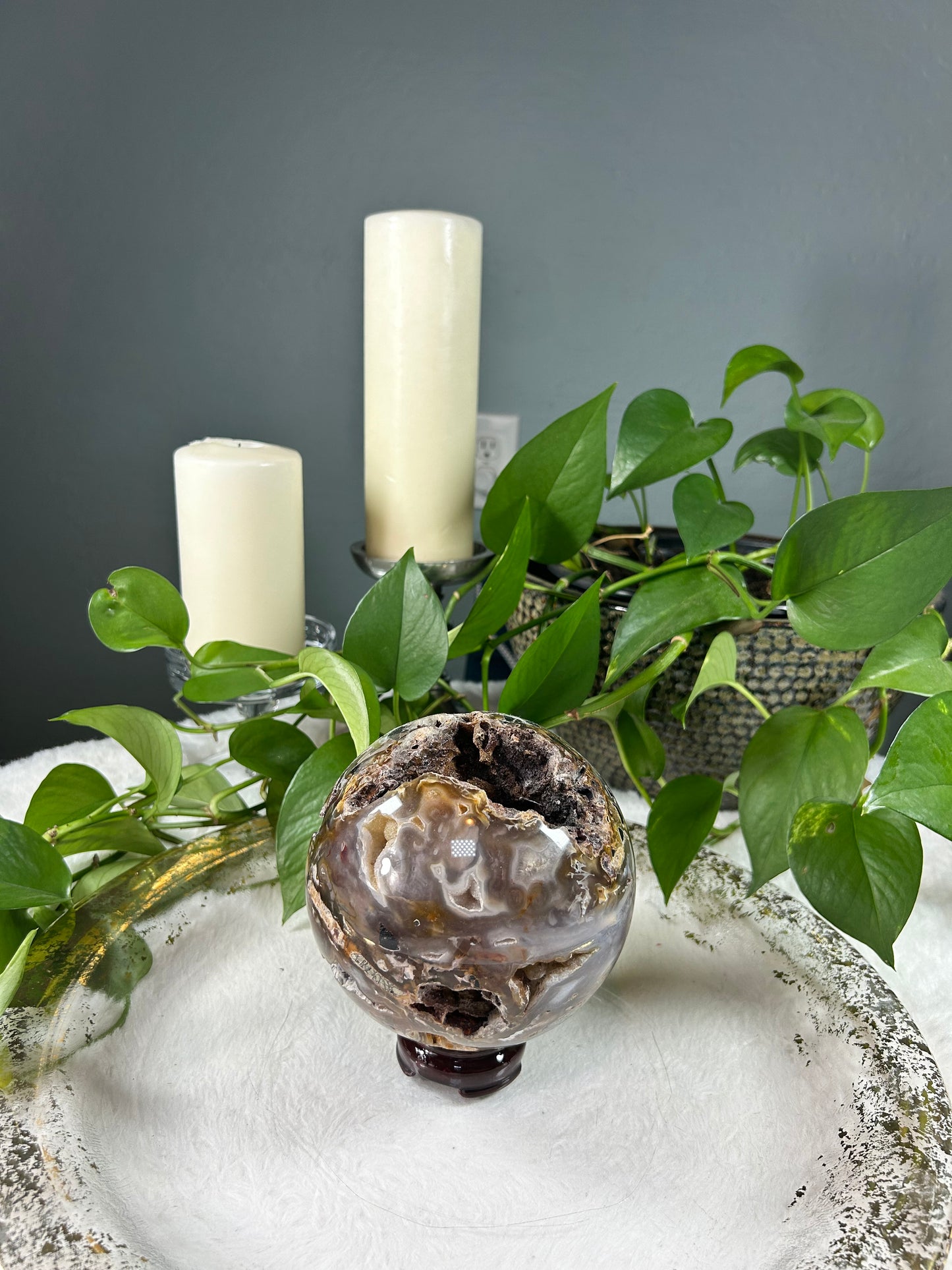 Large raw druzy mixed tourmaline crystal sphere and tower set - sphere is 5.795 pounds (5.5 inches) tower is 5.2 pounds (3.5in x 13in x 3in) - discount for set but can be sold separately