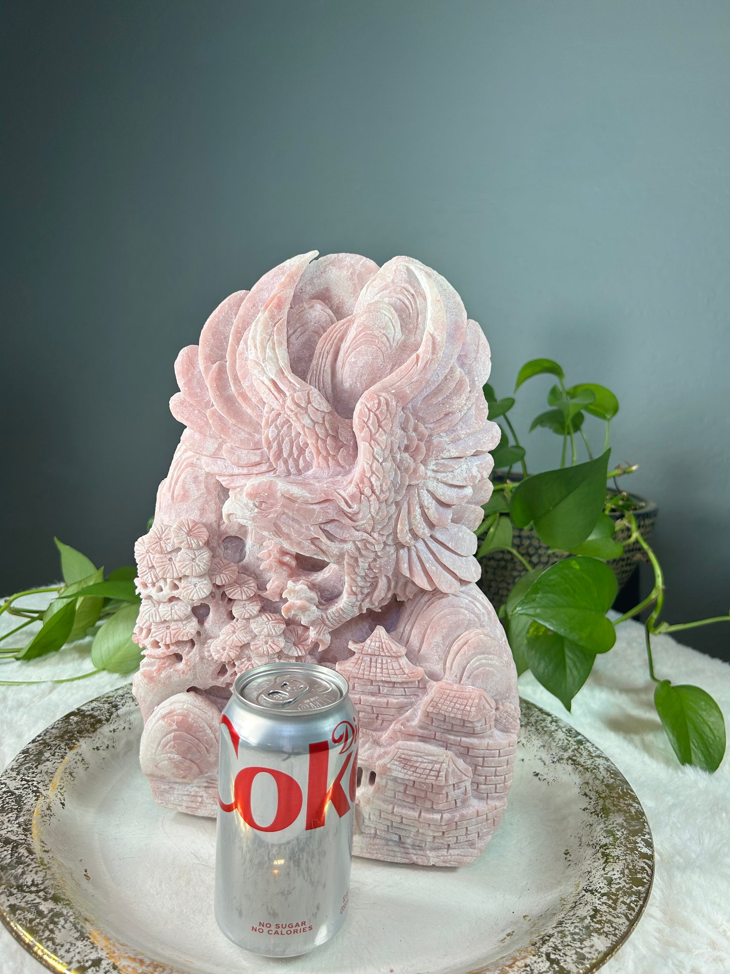 XX-Large pink opal eagle over village hand carved carving statue - 15.805 pounds (9in x 14in x 2.5in)