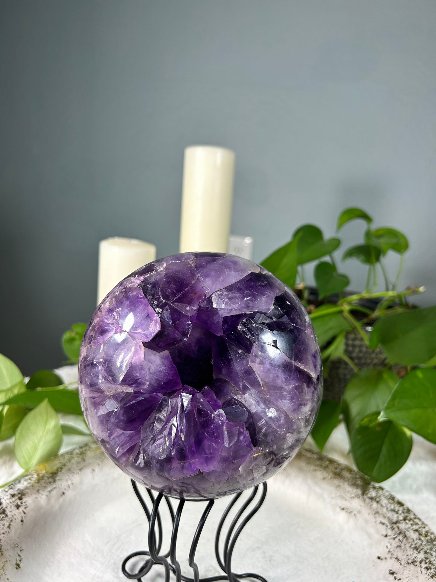 Large dark purple amethyst raw druzy sphere - 9.895 pounds (6 inches)