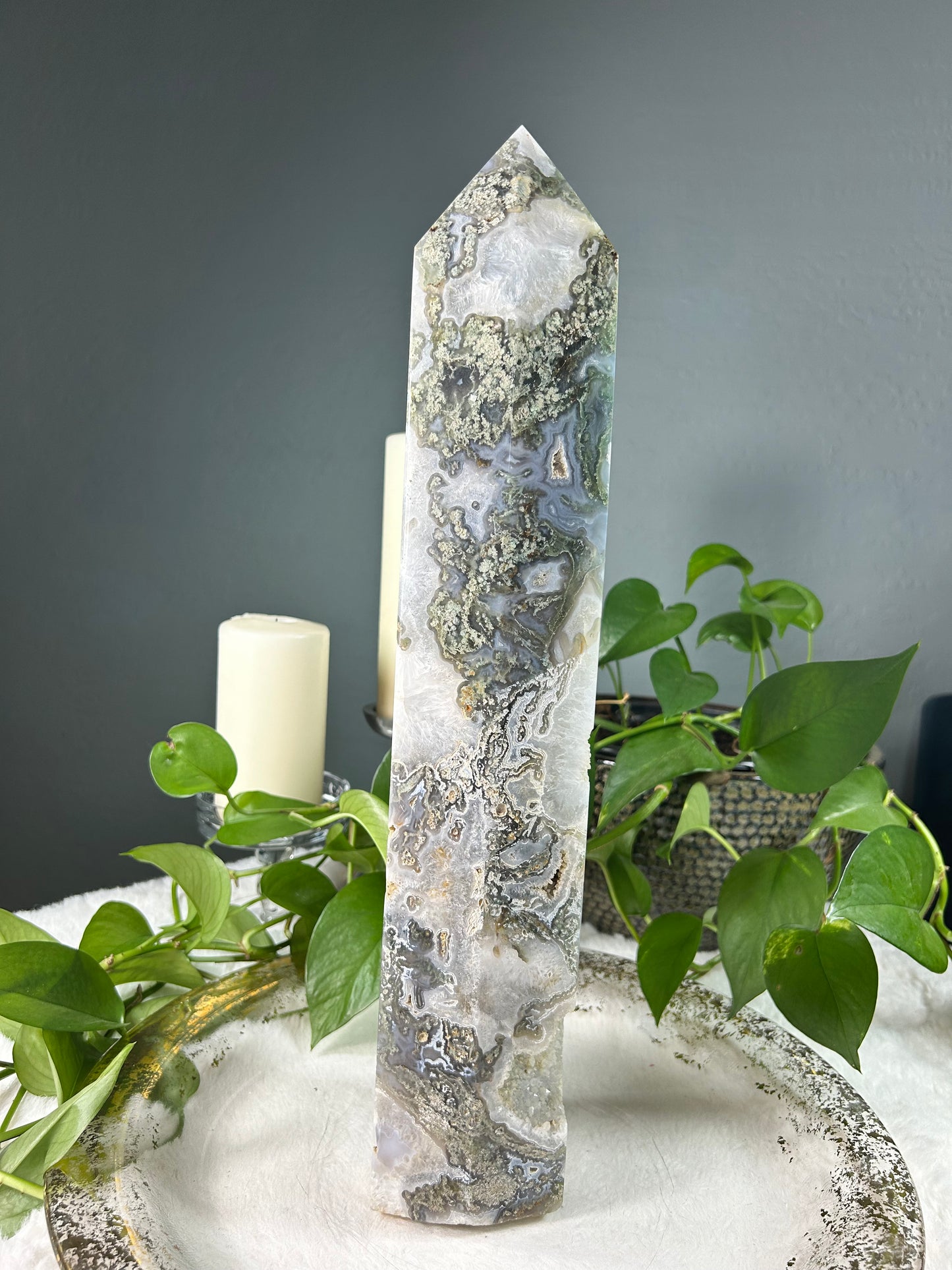 XX-large GIANT/TALL light blue and green moss agate crystal tower with raw druzy part- 15.66 pounds (4in x 18.5in x 4in)