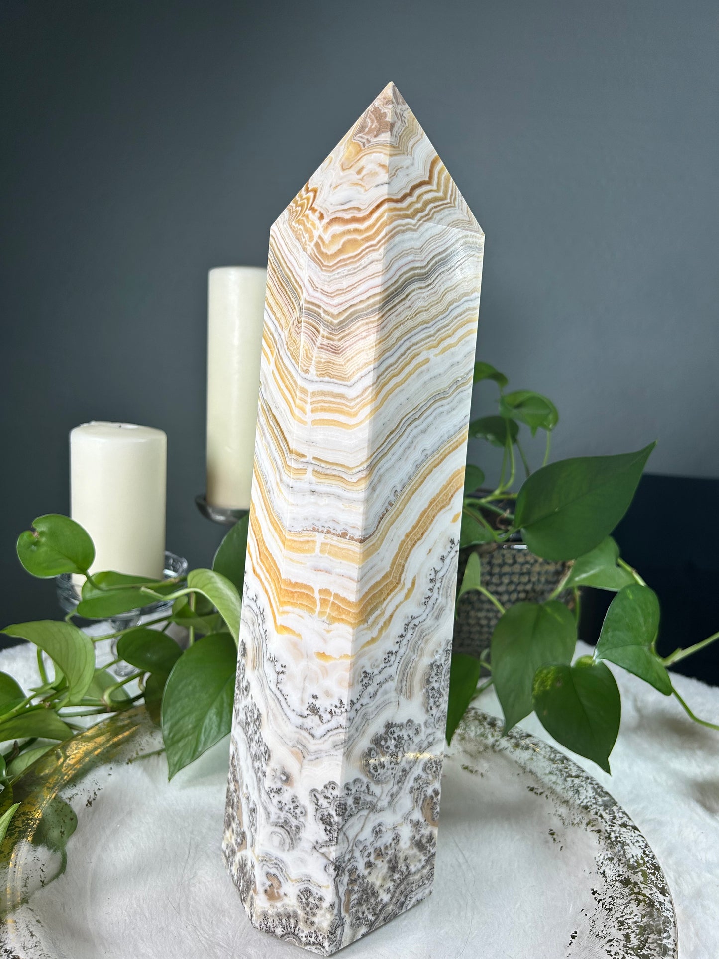XX-large THICK/WIDE banded yellow calcite with dendritic crystal tower- 15.1 pounds (4in x 17in x 4in)