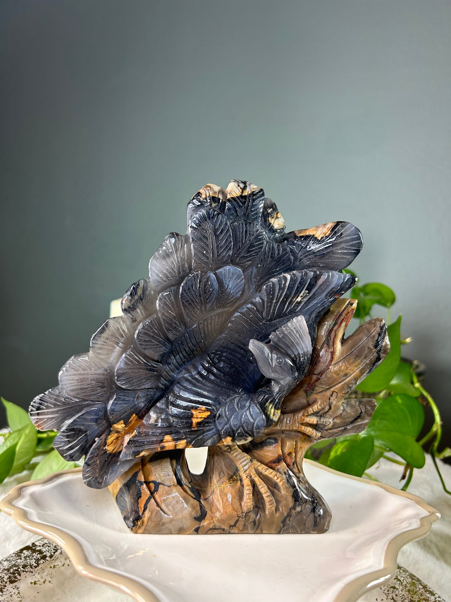Large volcano agate (green uv reactive) hand carved peacock/bird in tree statue carving - 3.820 pounds (8.5in x 8.5in x 1.5in)