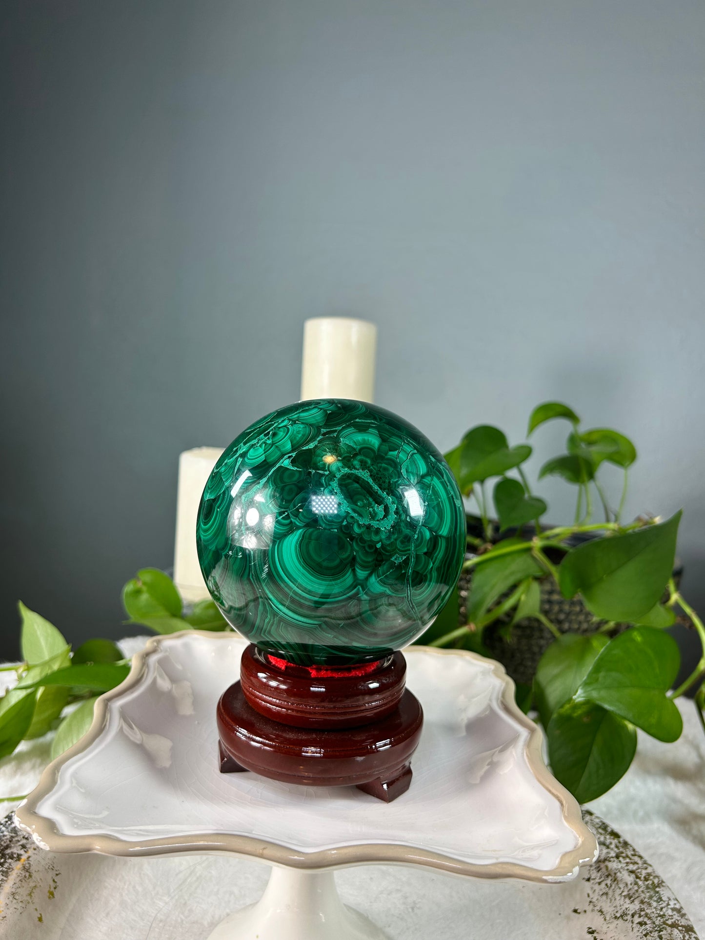 X-Large polished high quality 100% natural malachite sphere with gorgeous banding all around - 7 pounds (5.5 inches wide)