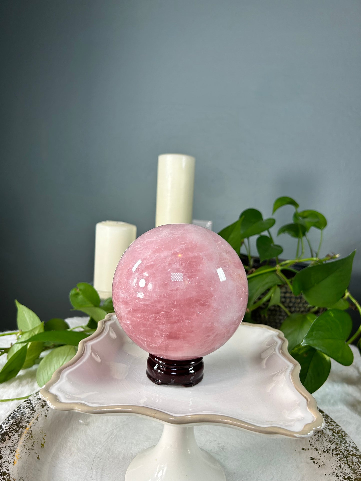 Large dark pink rose quartz crystal sphere - 5.47 pounds (~4.5 inches)