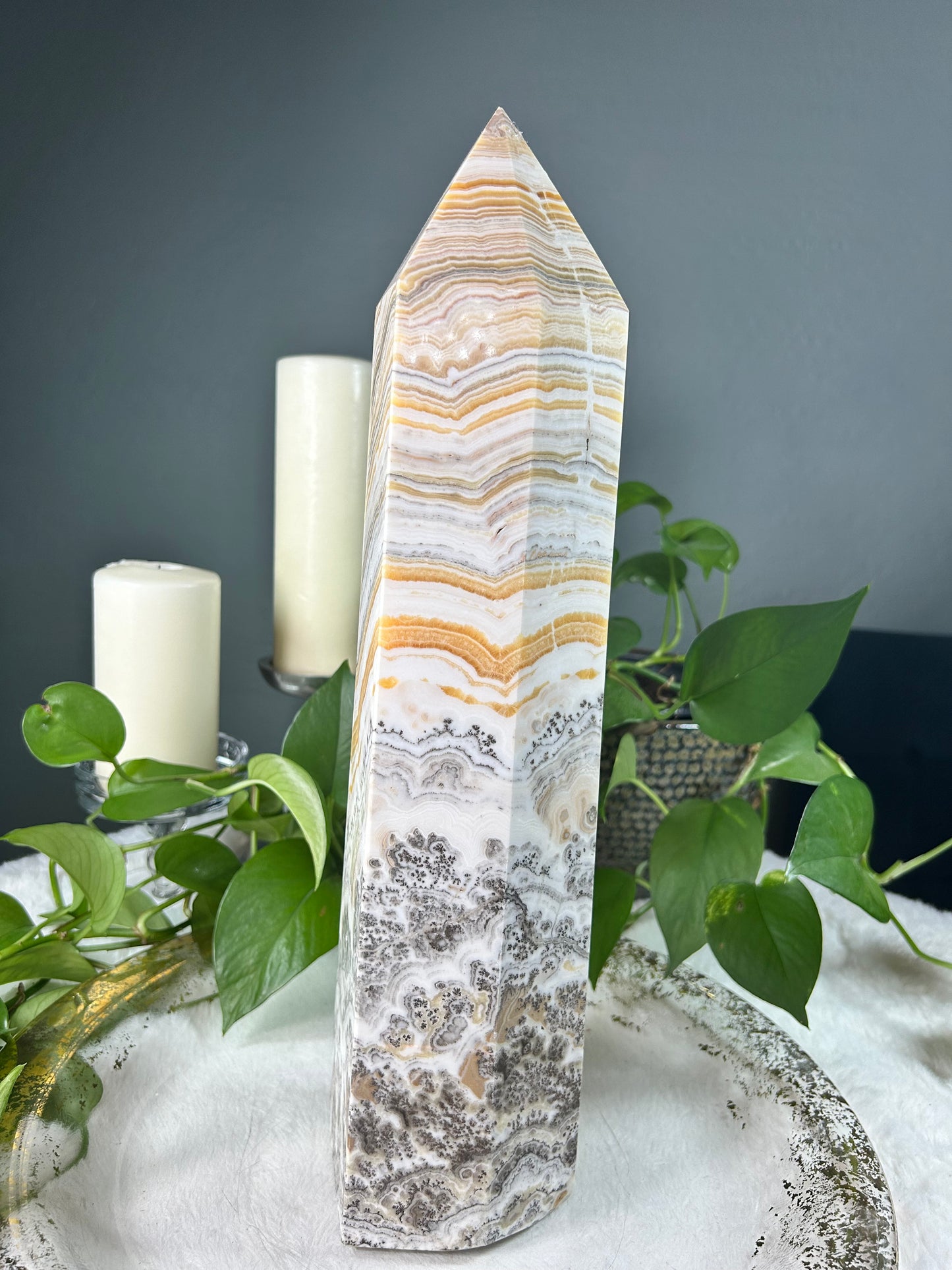 XX-large THICK/WIDE banded yellow calcite with dendritic crystal tower- 15.1 pounds (4in x 17in x 4in)