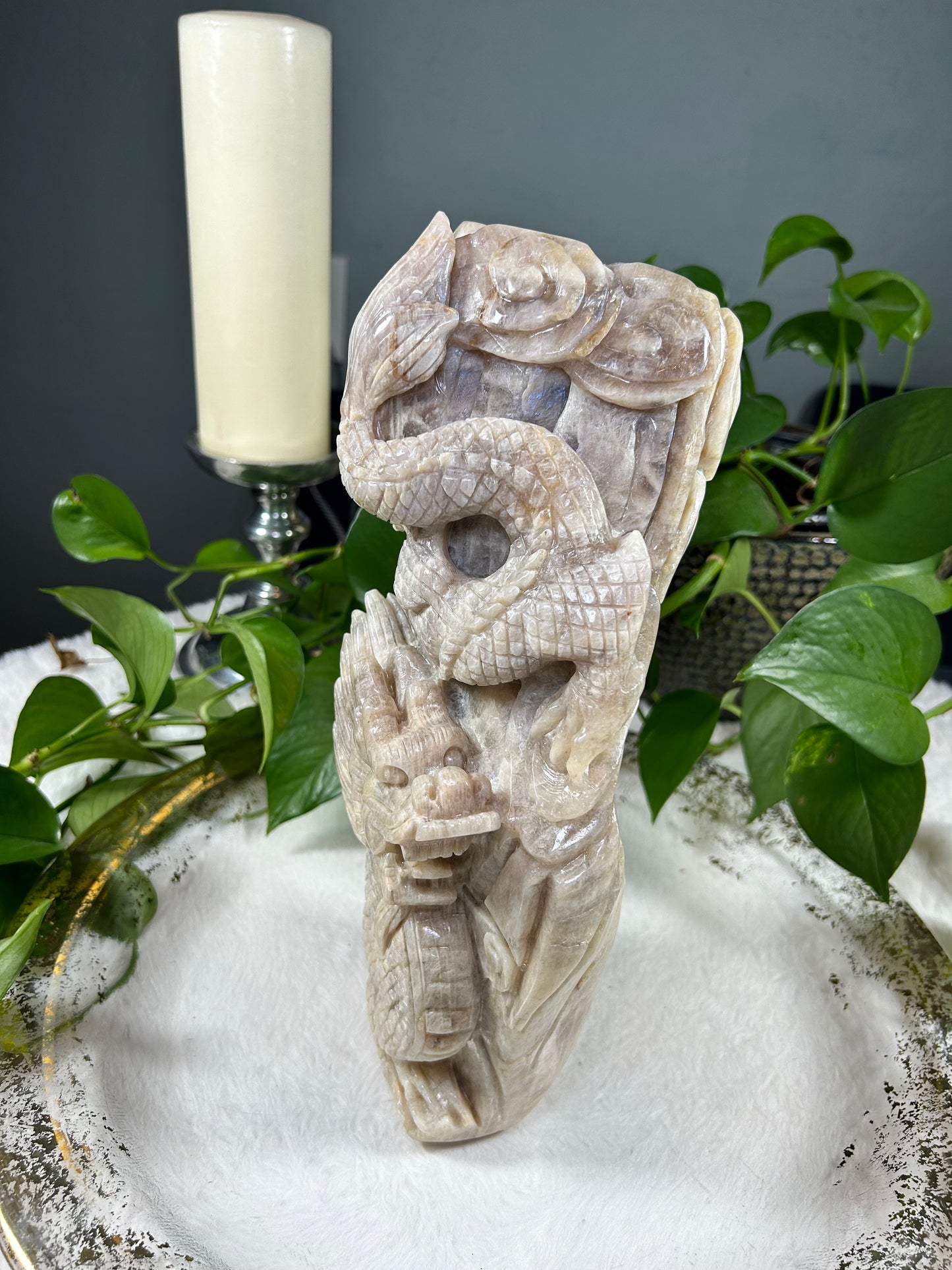 X-large white moonstone (with blue flash) hand carved eastern dragon statue crystal carving- 10.335pounds (12 inches tall)