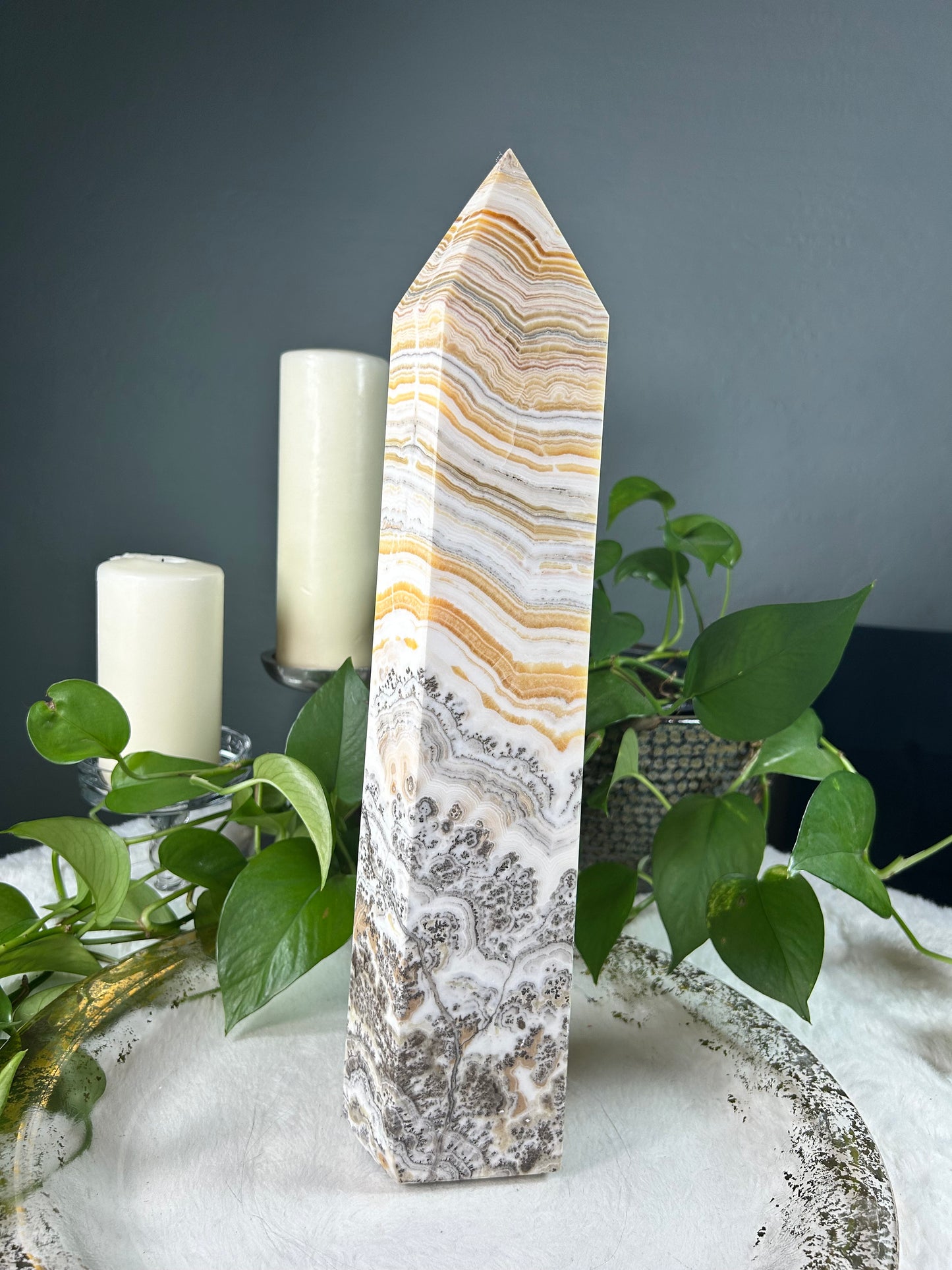XX-large THICK/WIDE banded yellow calcite with dendritic crystal tower- 15.1 pounds (4in x 17in x 4in)