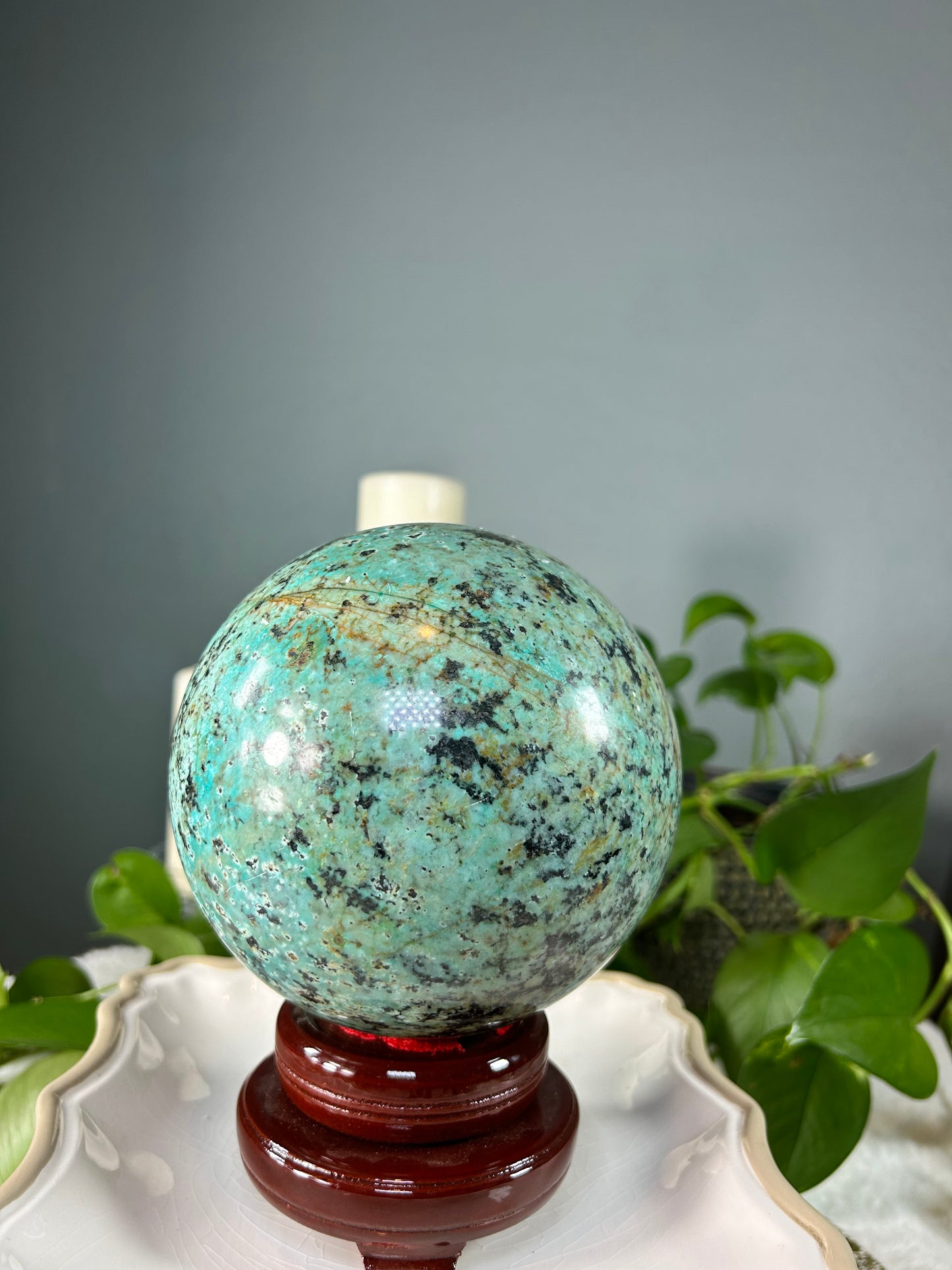 X-Large African turquoise Jasper crystal sphere - 8.09 pounds (~6inches tall)