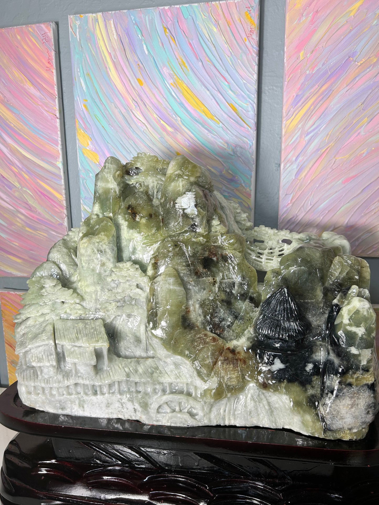 XX-Large GIANT 100% natural (no dye no paint) tri color green jade hand carved mountainside village crystal carving with bridge and custom stand - over 50 pounds natural green jade
