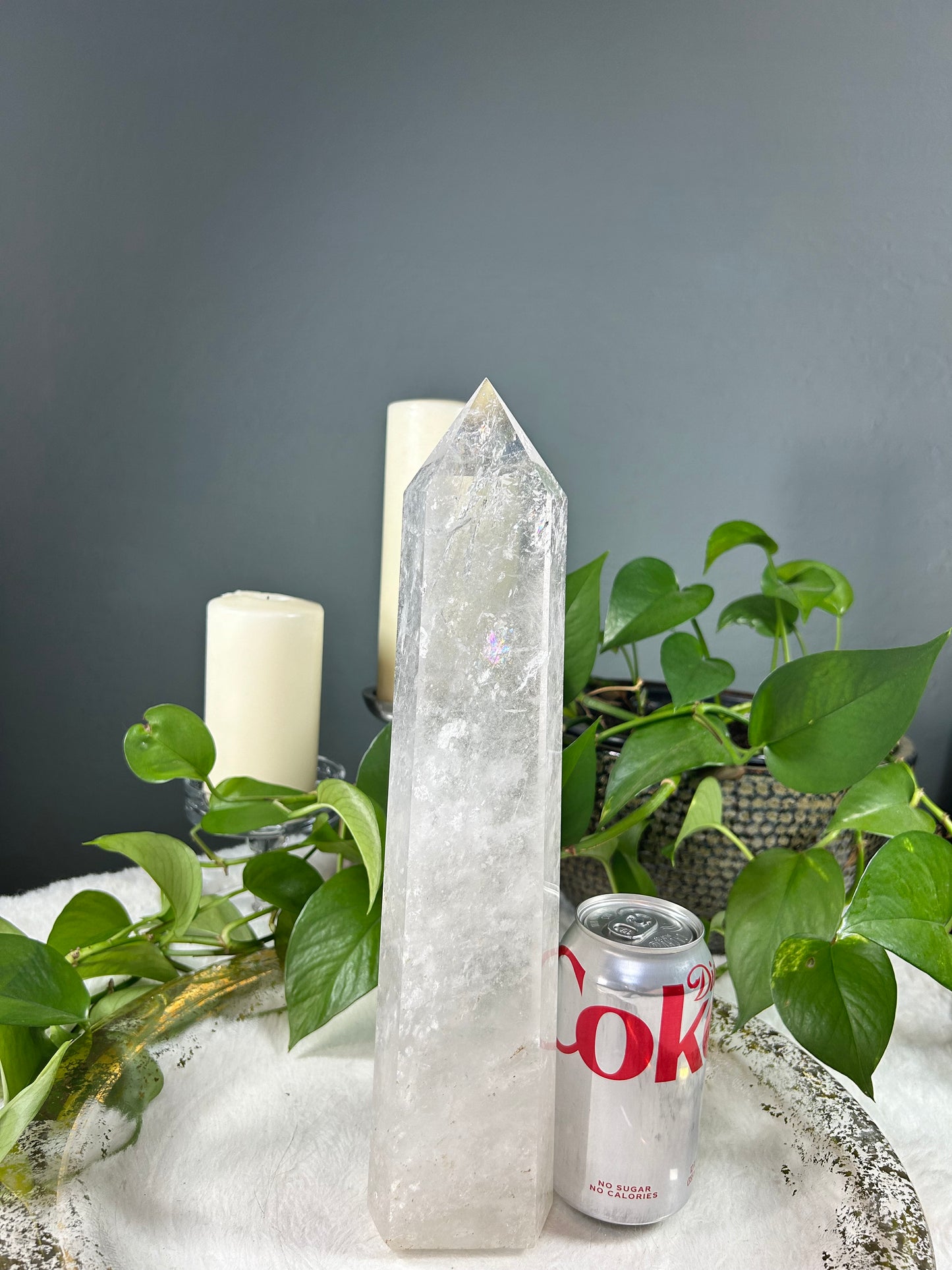 X-Large gorgeous quality and clarity clear quartz crystal tower point with many rainbows - 5.29 pounds (3.5in x 13.5in x 2in)