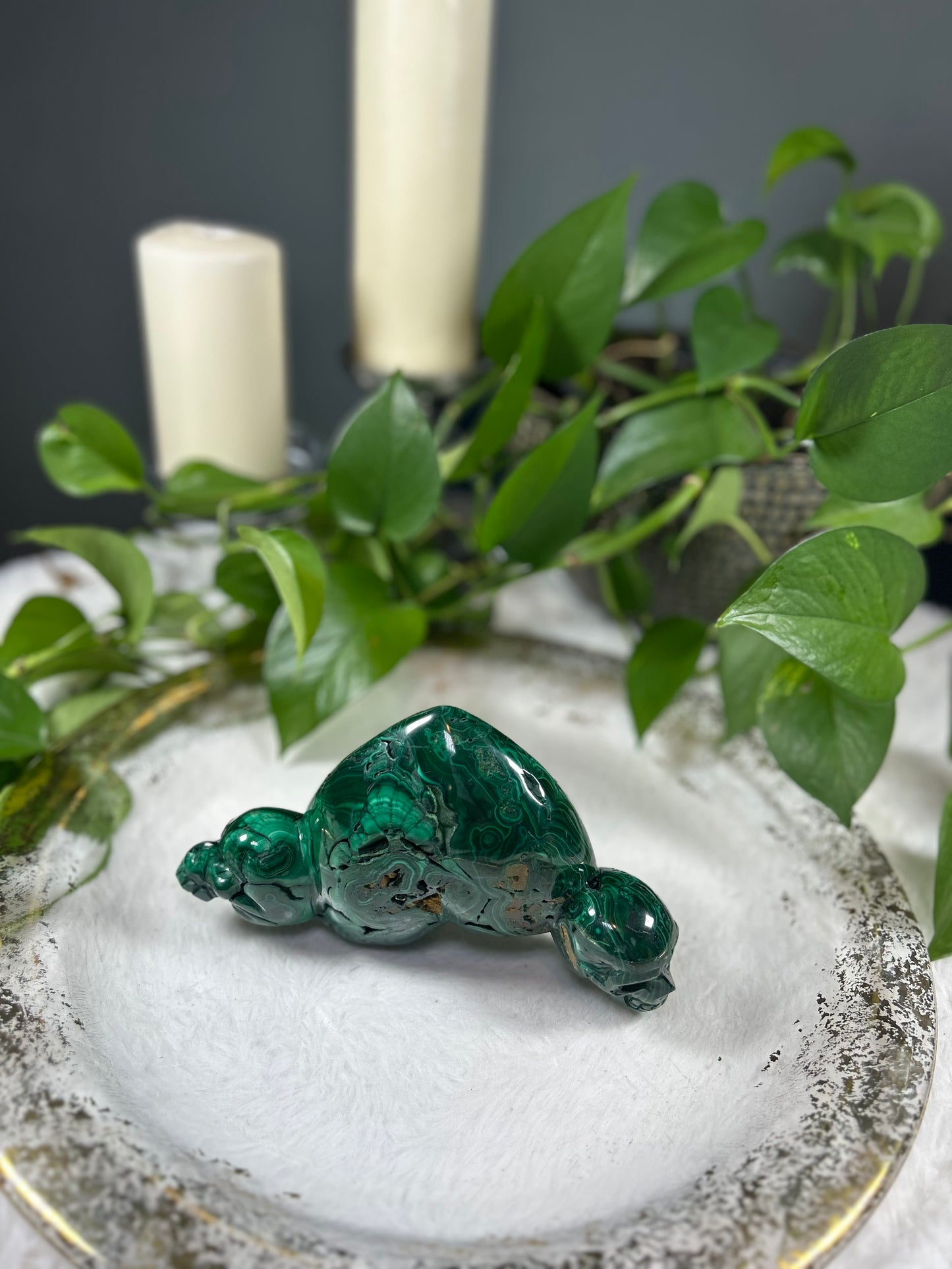 Large one of a kind standing 100% natural Malachite heart and skull hand carved crystal carving - 3.735 pounds (8in x 4.5in)
