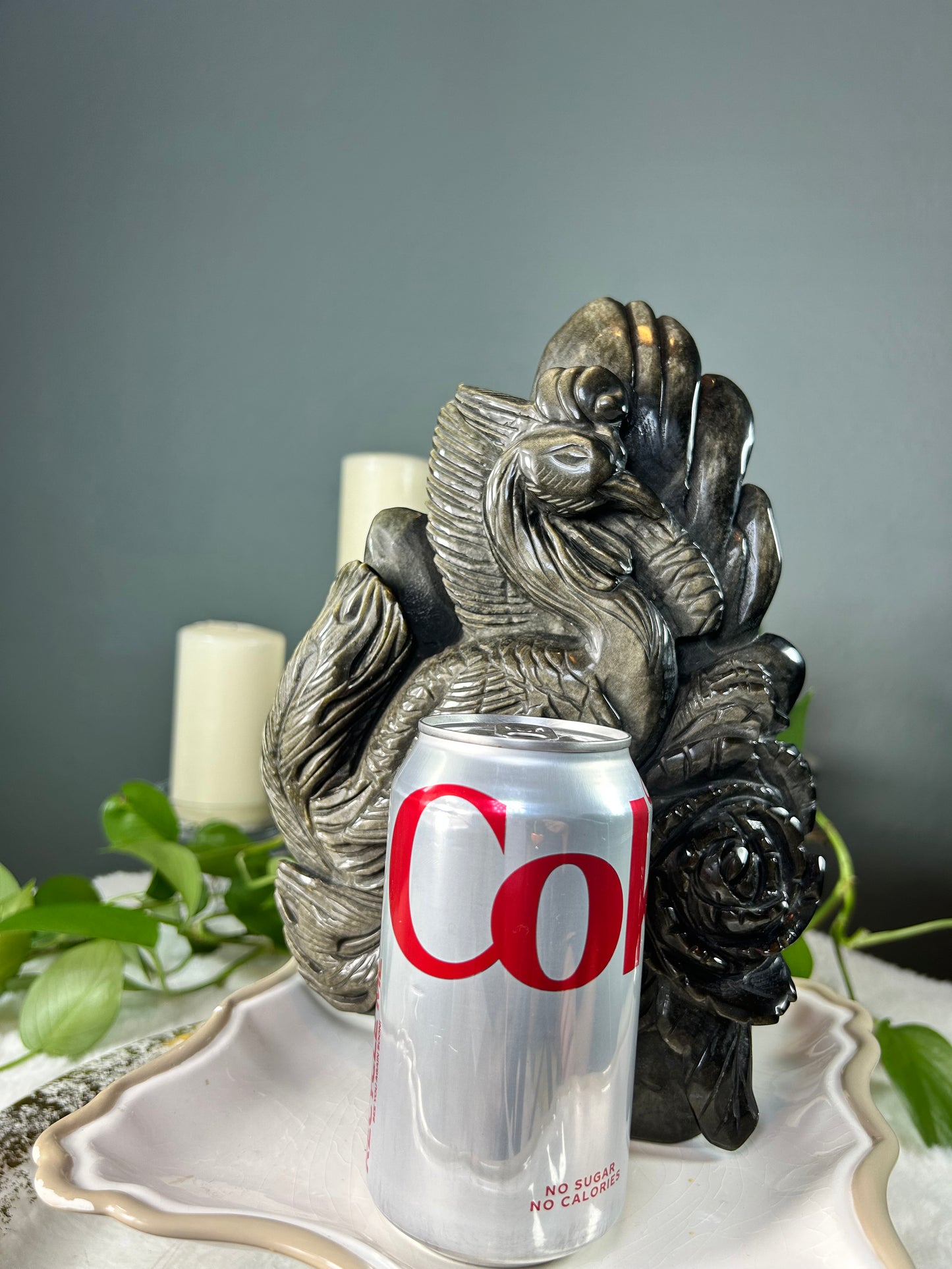 Large golden sheen obsidian hand carved phoenix bird with rose statue carving- 4.46 pounds (7.5in x 10in x 1.5in)