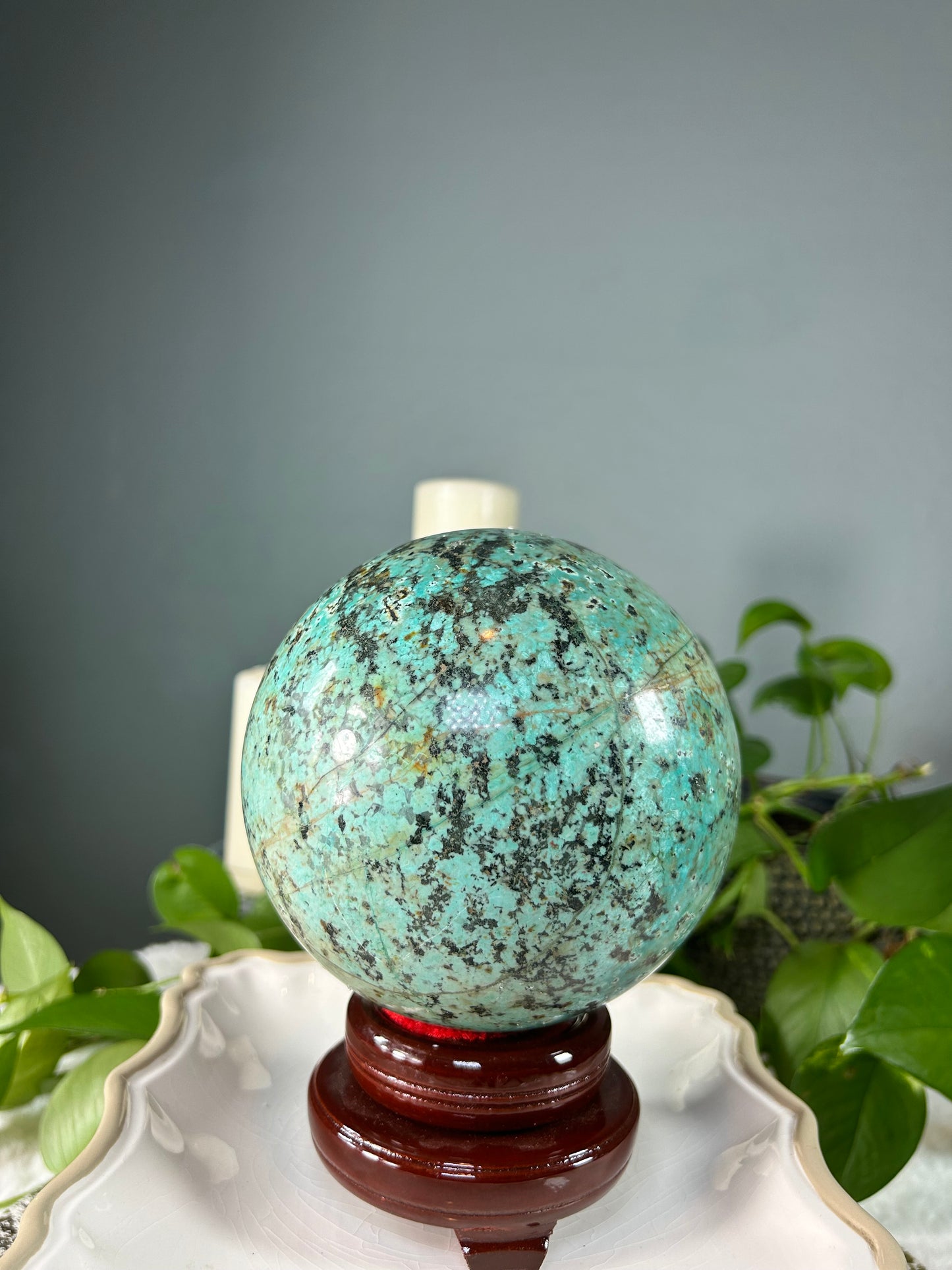 X-Large African turquoise Jasper crystal sphere - 8.09 pounds (~6inches tall)