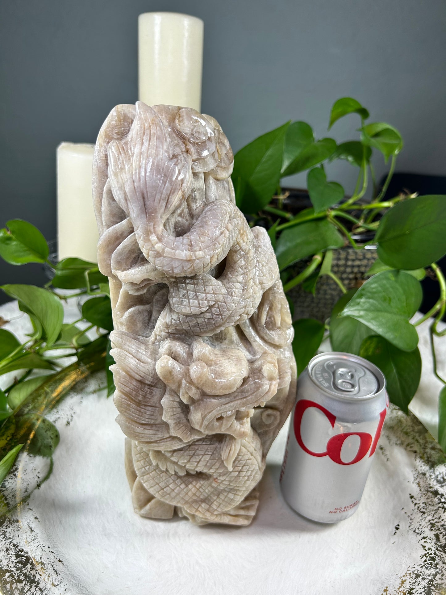 X-large white moonstone (with blue flash) hand carved eastern dragon statue crystal carving- 10.335pounds (12 inches tall)