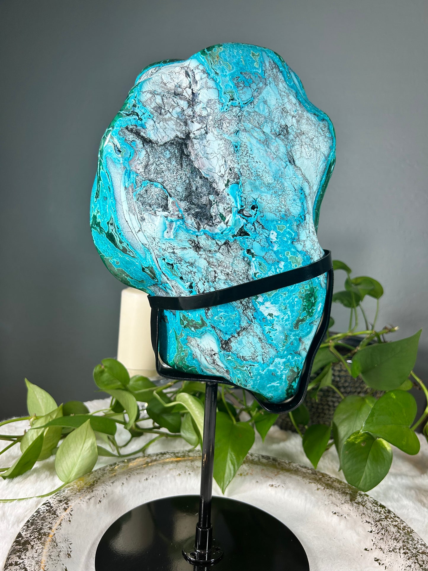 XX-Large chrysocolla malachite half raw half polished crystal statement piece with custom stand - 21.49 pounds (8.5in x 12.5in x 3.5in)