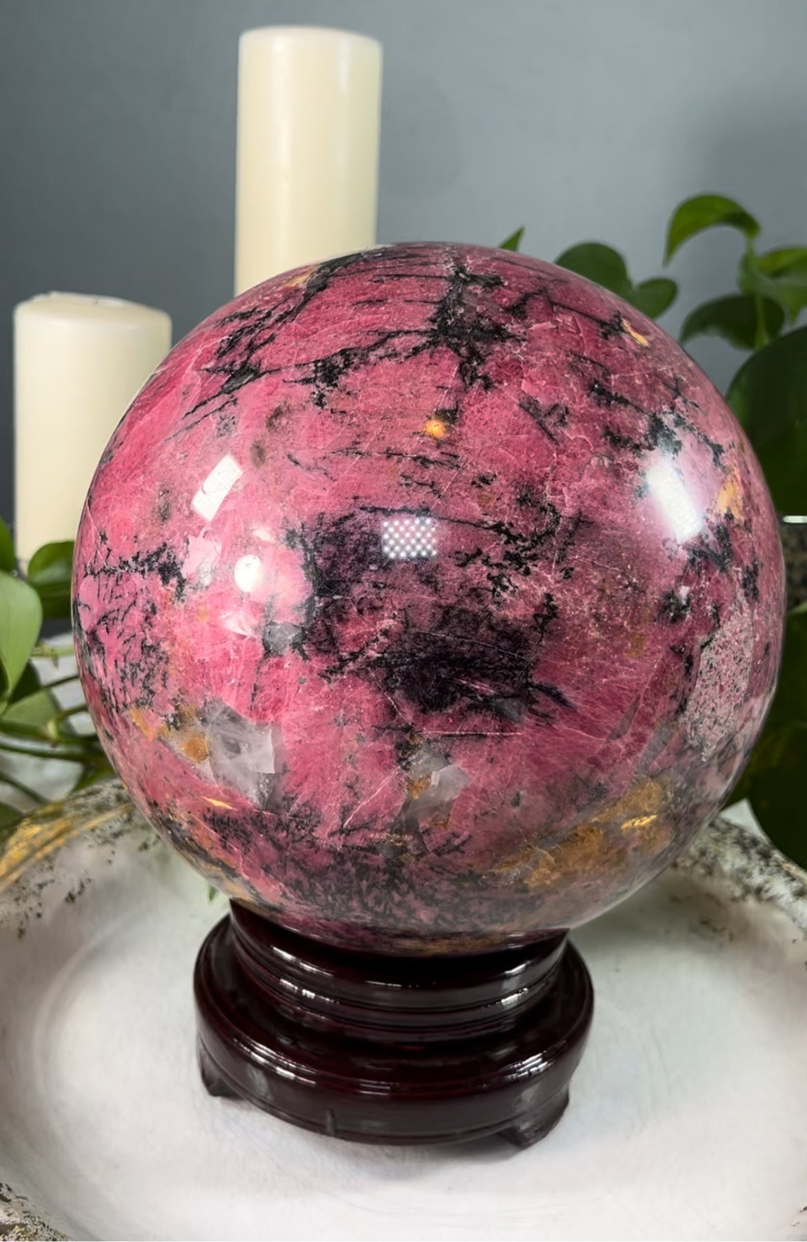 XX-large GIANT cherry rhodonite and quartz crystal sphere - 41.775 pounds (9 inches)