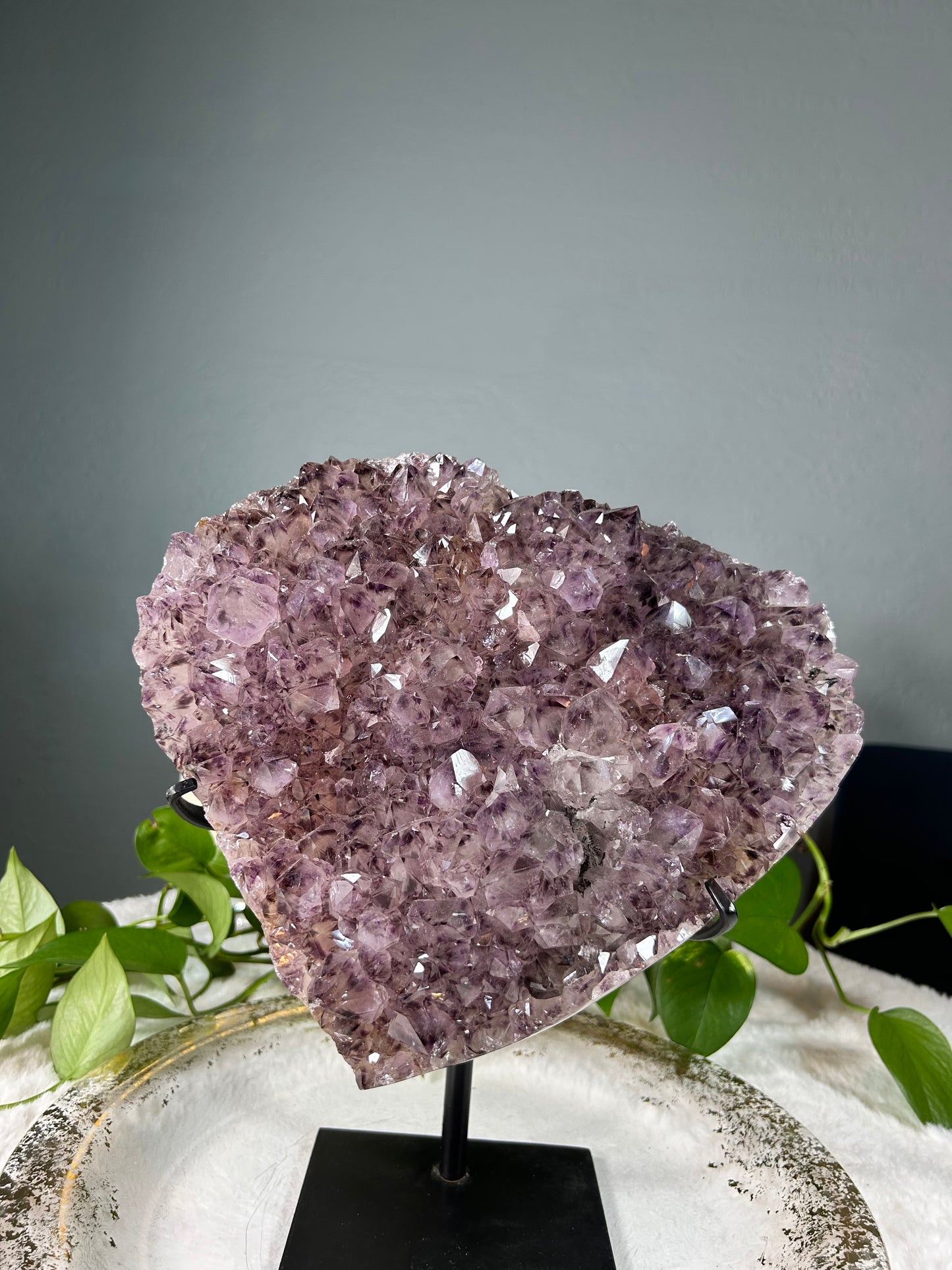 X-large raw druzy amethyst heart with Goethite inclusions and custom stand - 16.985 pounds with stand (11.5in x 10.5in x 2in)