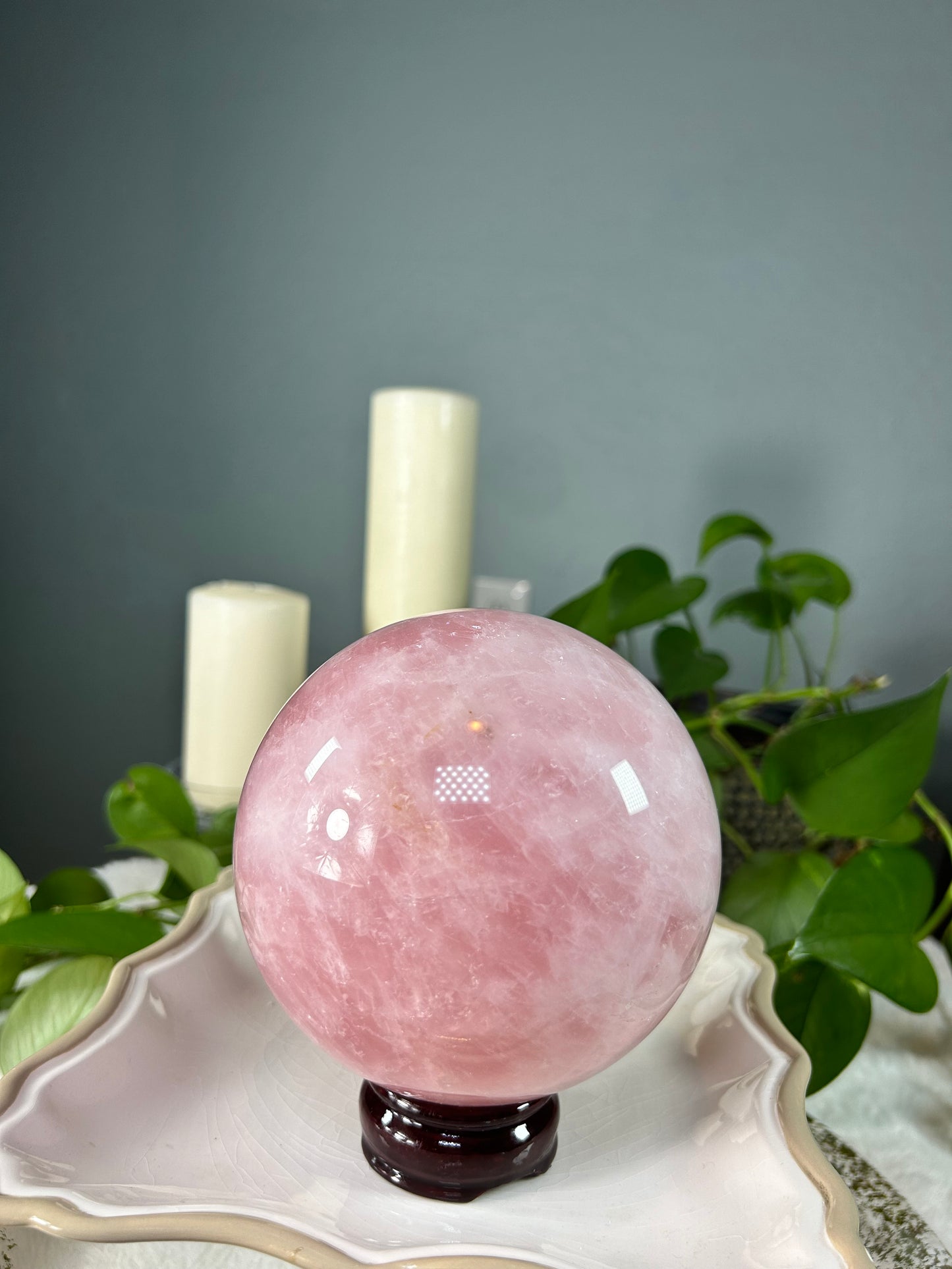 Large dark pink rose quartz crystal sphere - 5.47 pounds (~4.5 inches)