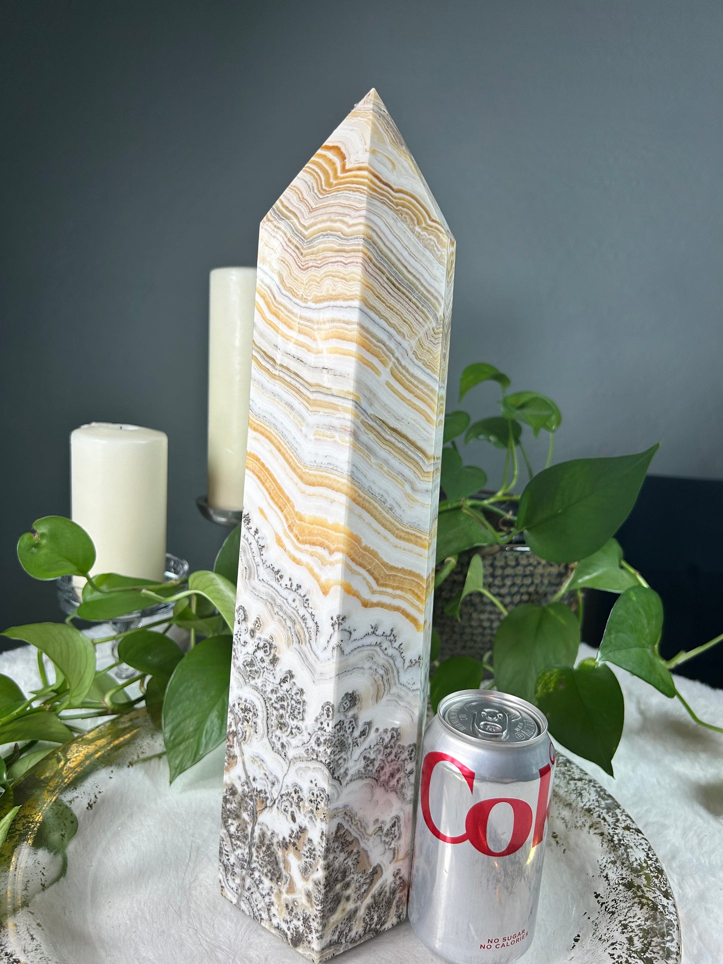XX-large THICK/WIDE banded yellow calcite with dendritic crystal tower- 15.1 pounds (4in x 17in x 4in)