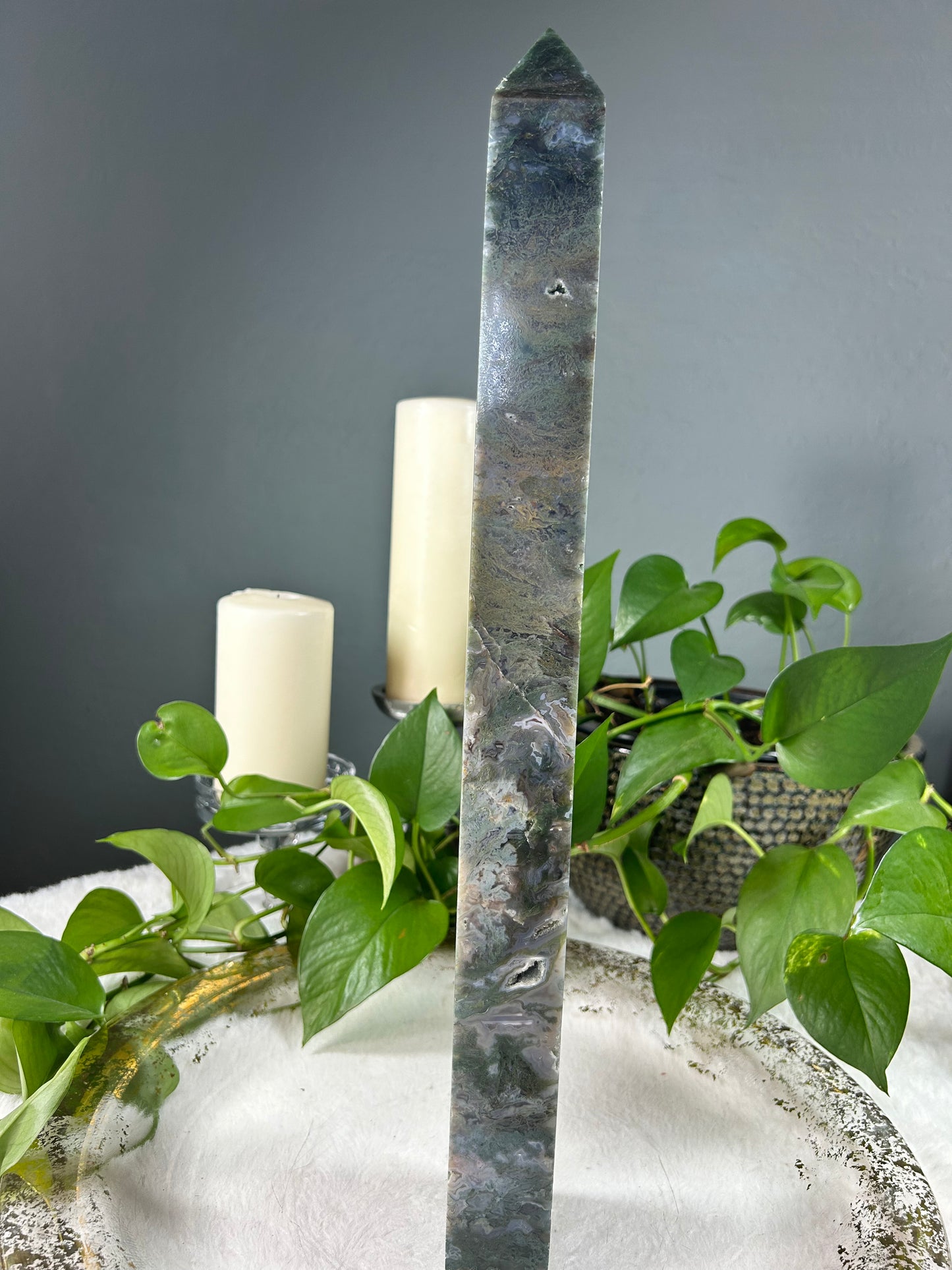 X-large TALL green moss agate crystal tower point - 5.025 pounds (2.5in x 18in x 1.5in)