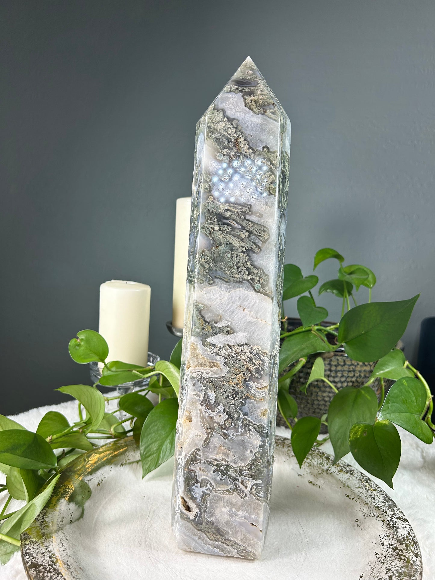 XX-large GIANT/TALL light blue and green moss agate crystal tower with raw druzy part- 15.66 pounds (4in x 18.5in x 4in)